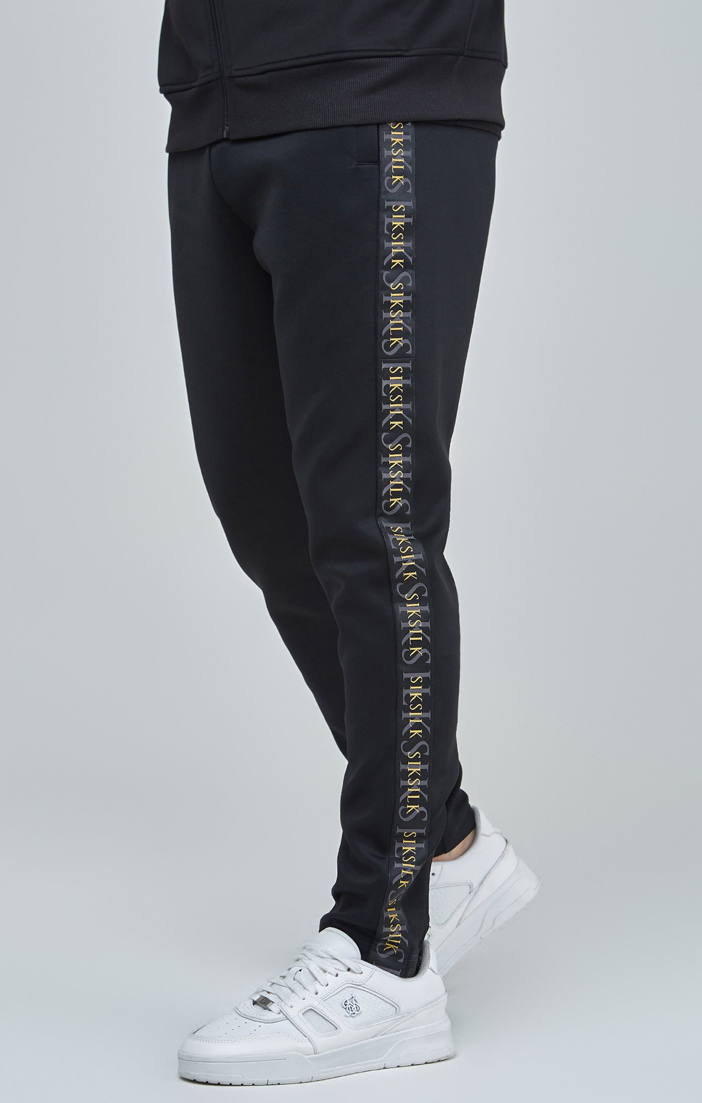 Load image into Gallery viewer, Black Gold Tape Track Pants