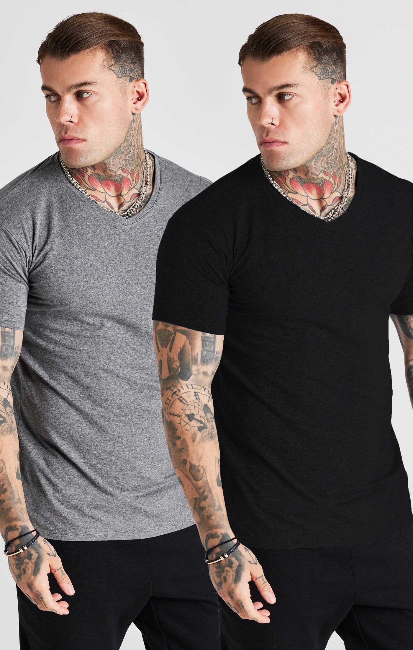Load image into Gallery viewer, Black And Grey Marl Twin Pack Lounge V-Neck T-Shirt