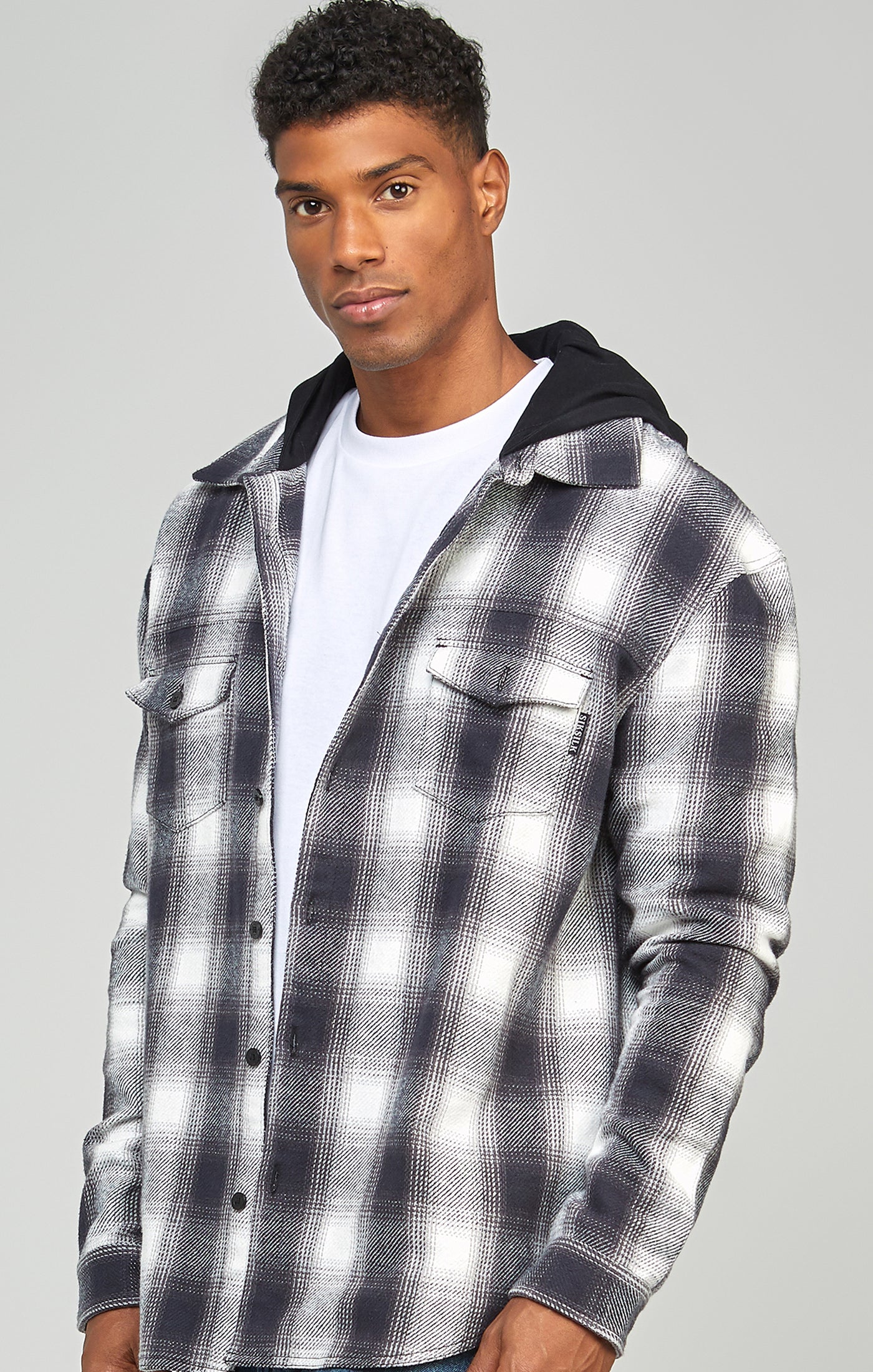 Load image into Gallery viewer, Grey Plaid Hooded Shirt