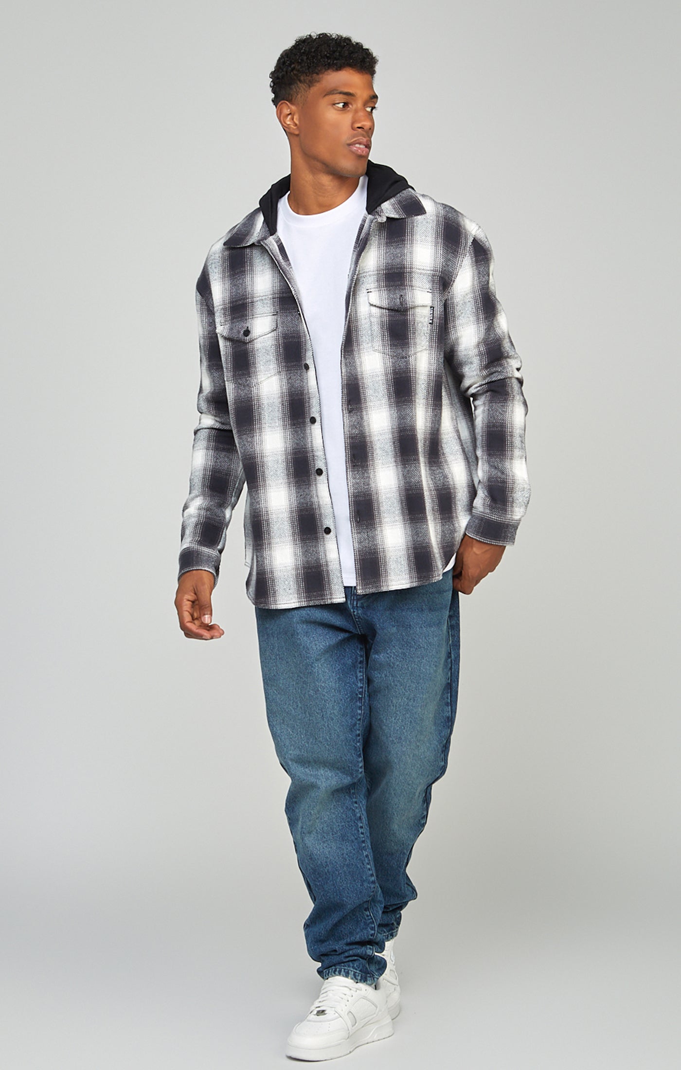 Load image into Gallery viewer, Grey Plaid Hooded Shirt (2)