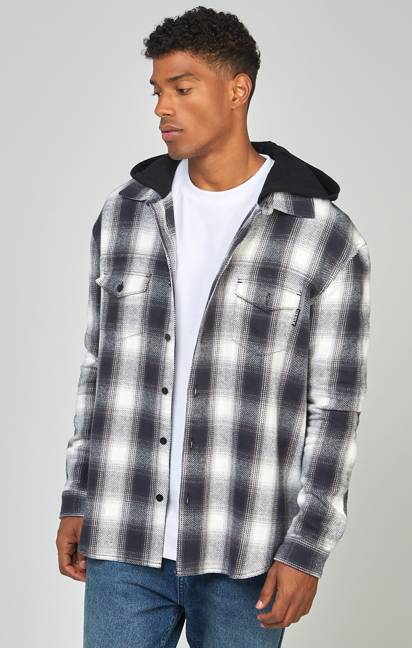 Load image into Gallery viewer, Grey Plaid Hooded Shirt (3)