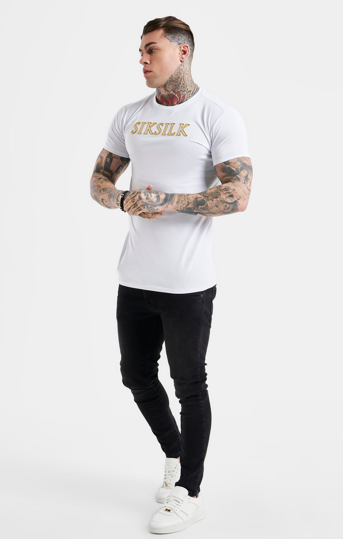 Load image into Gallery viewer, White SikSilk Logo Muscle Fit T-Shirt (2)