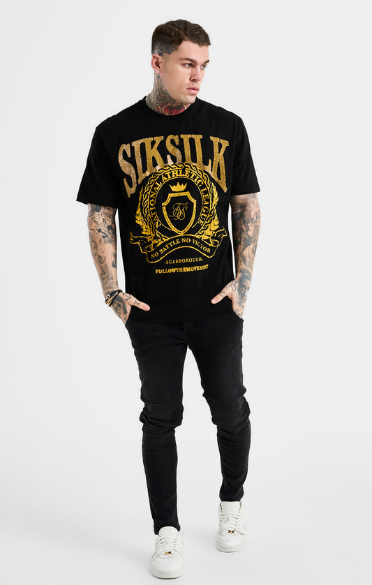 SikSilk Oversized Rhinestone Varsity T-Shirt - Black & Gold