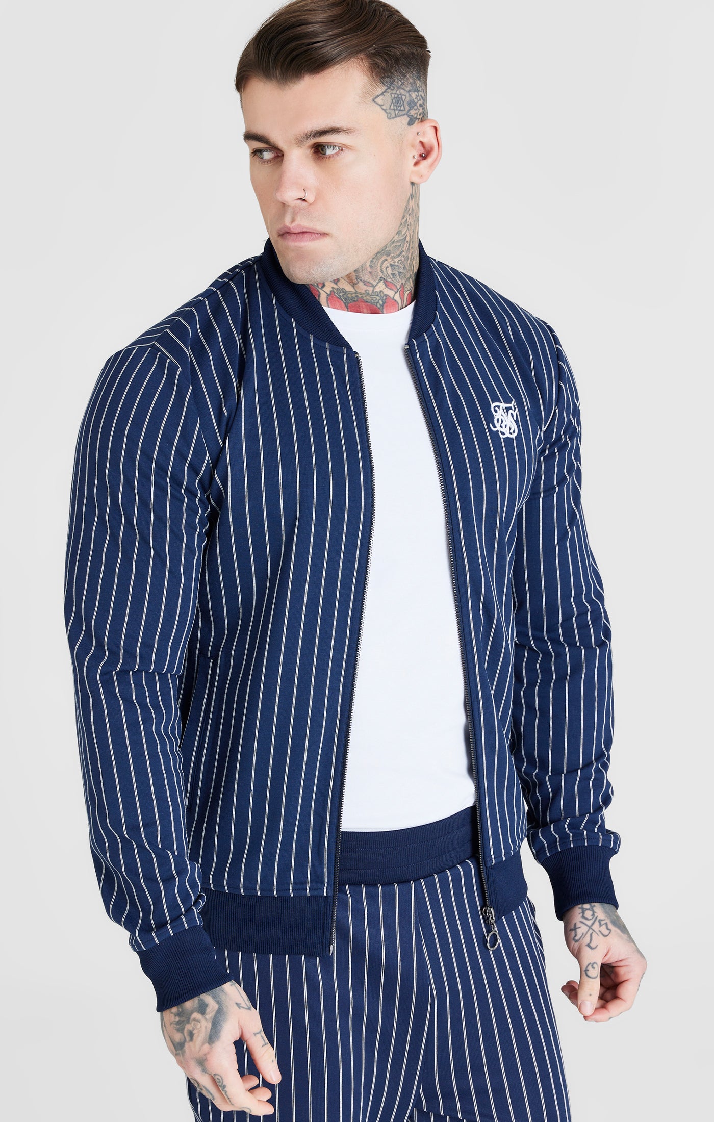Load image into Gallery viewer, SikSilk Pinstripe Bomber - Navy