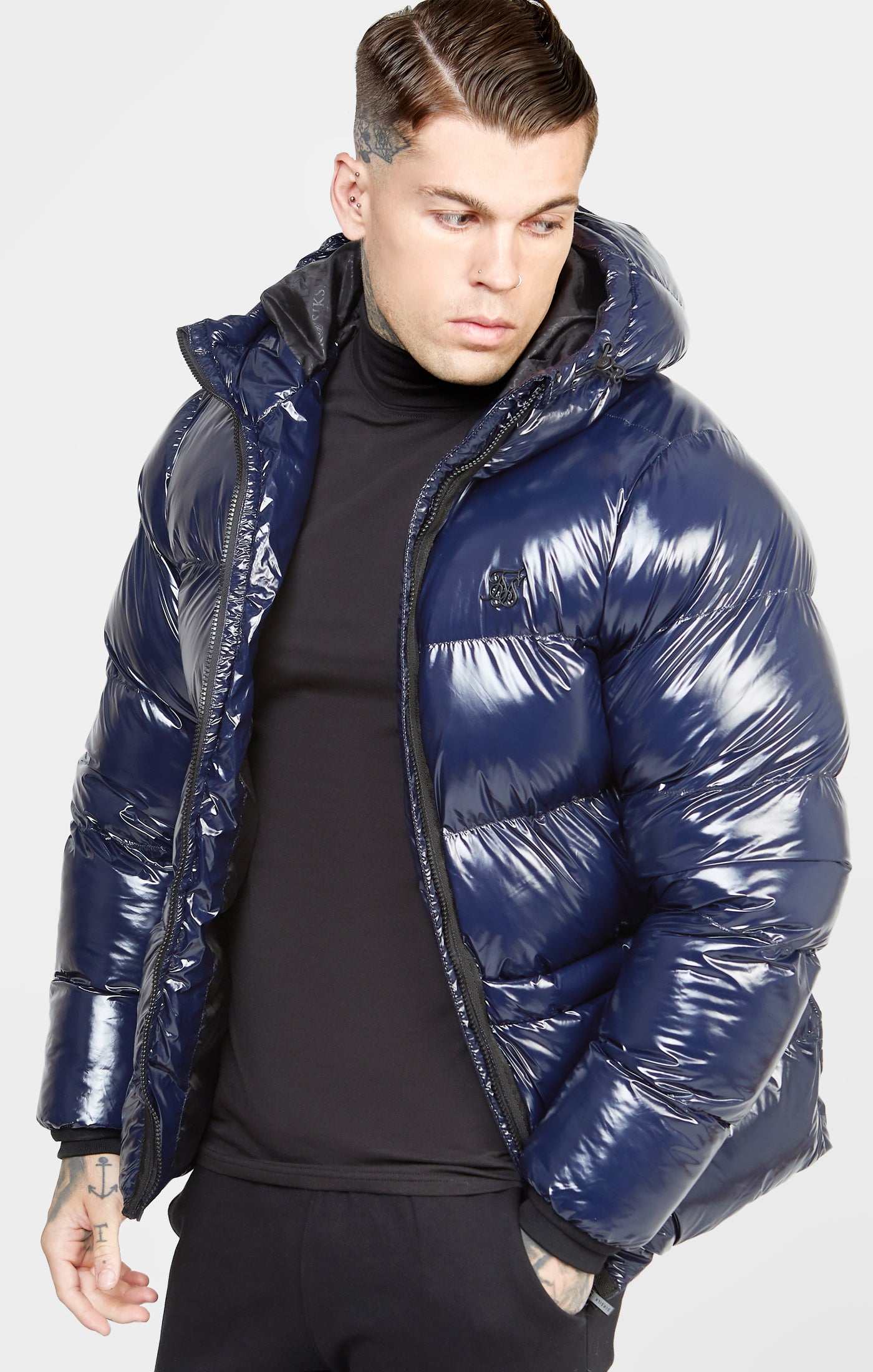 Load image into Gallery viewer, Navy Gloss Puffer Jacket