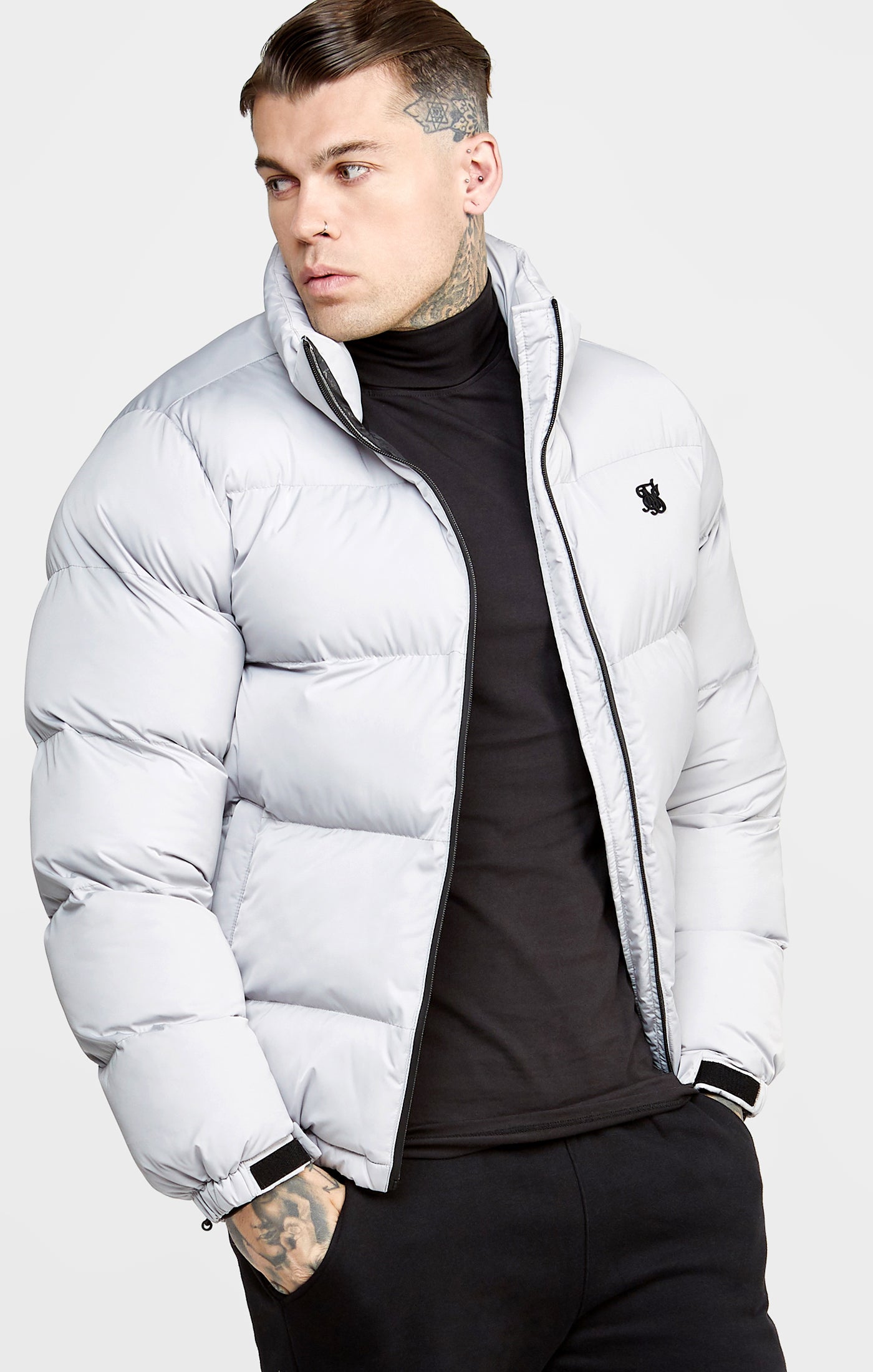 Load image into Gallery viewer, Grey Embossed Logo Puffer Jacket