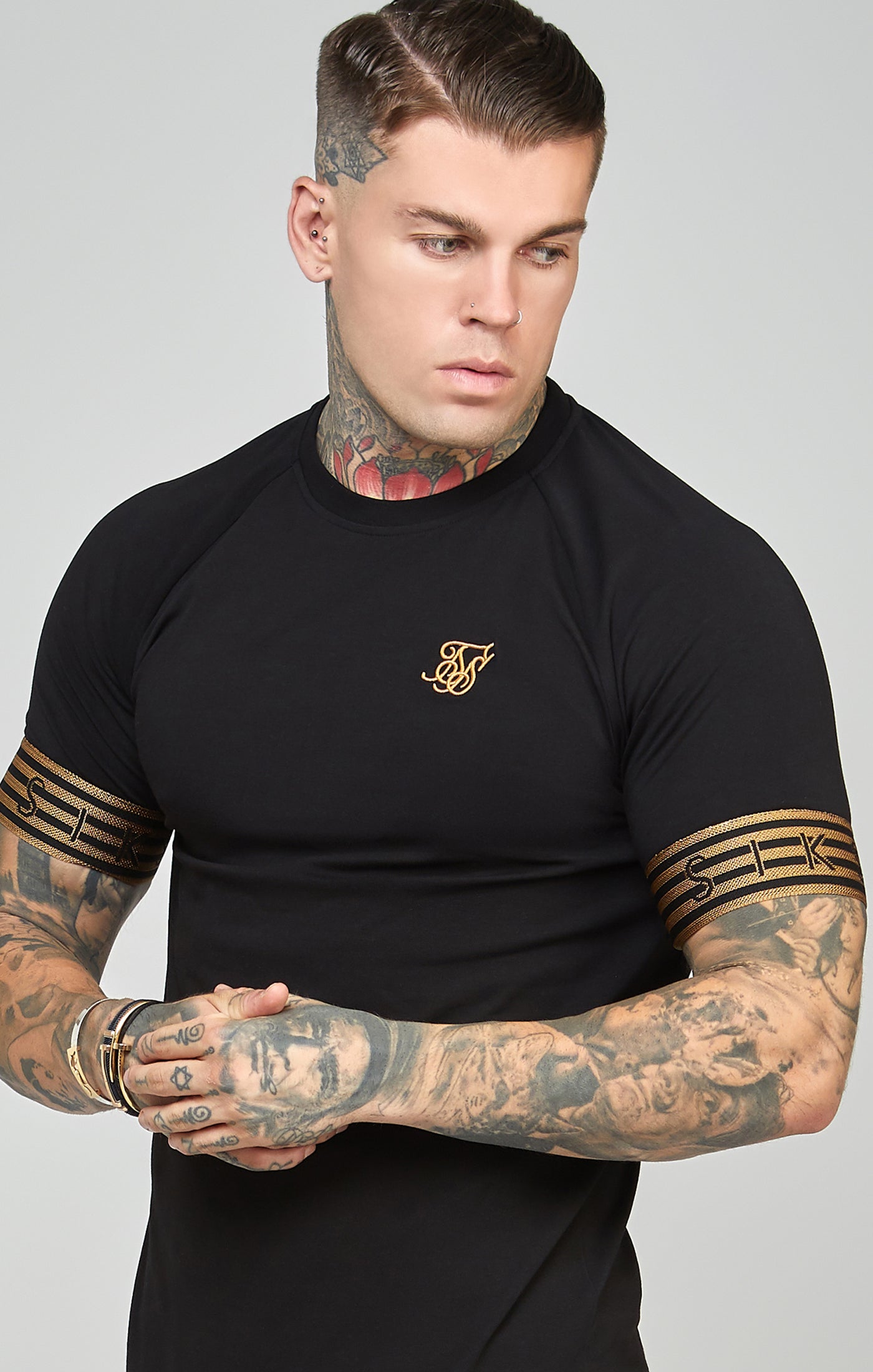 Load image into Gallery viewer, Black, Gold Knitted Elastic Cuffed T-Shirt