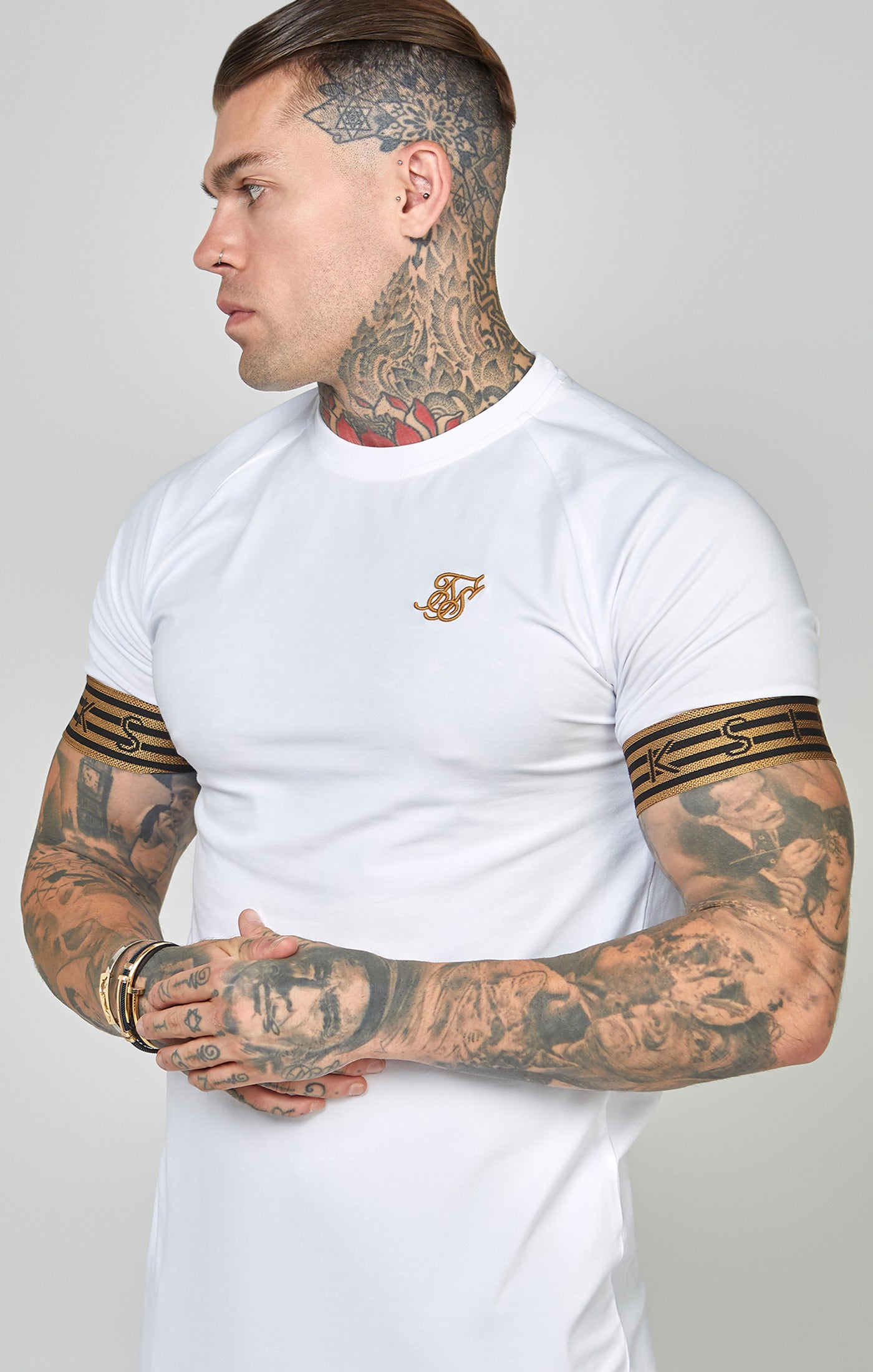 Load image into Gallery viewer, White, Gold Knitted Elastic Cuffed T-Shirt