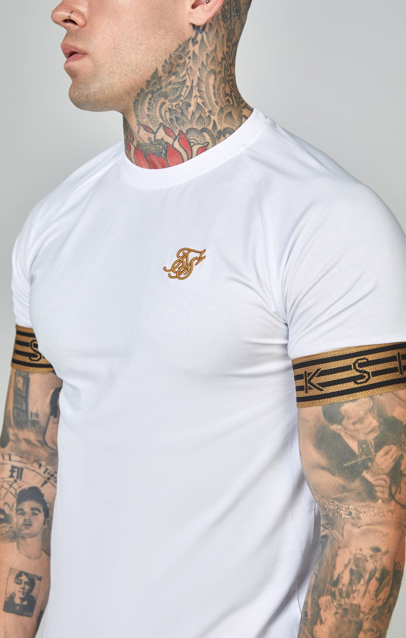 Load image into Gallery viewer, White, Gold Knitted Elastic Cuffed T-Shirt (1)