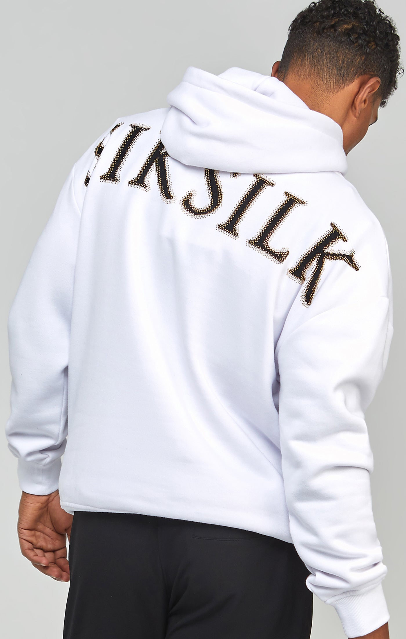 Load image into Gallery viewer, White Rhinestone Logo Oversized Fit Overhead Hoodie