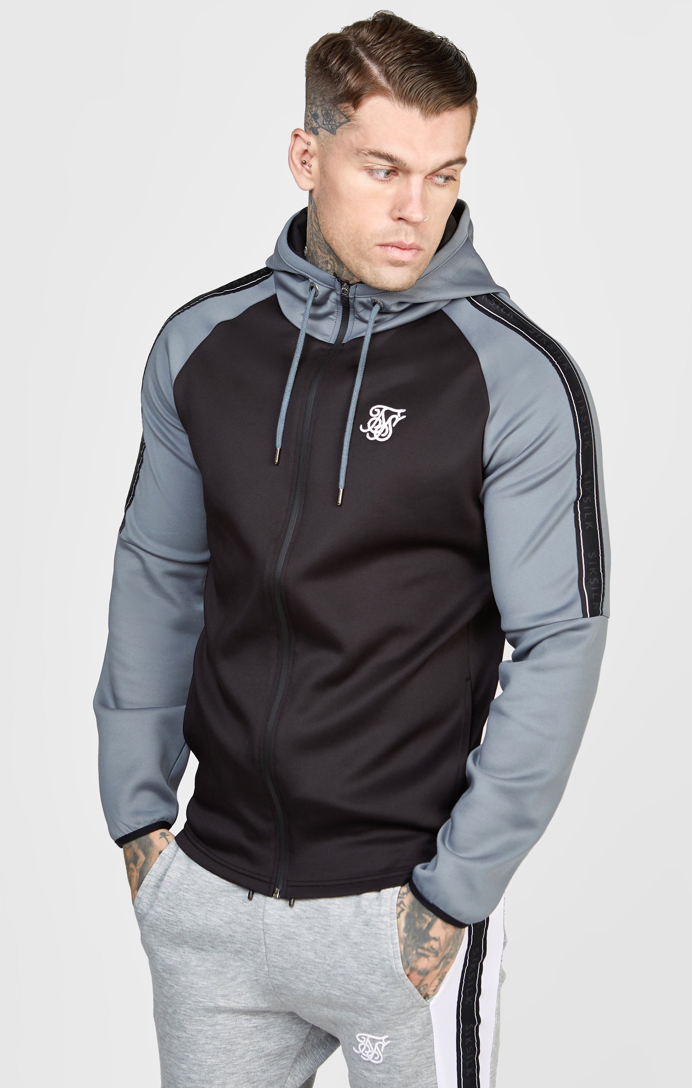 Load image into Gallery viewer, Grey Taped Zip Thru Track Top (6)