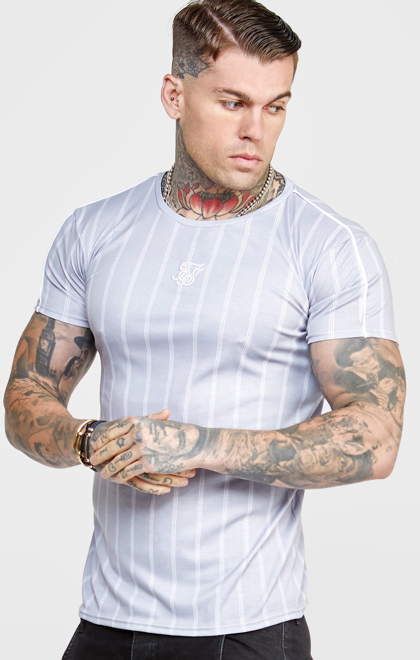 Load image into Gallery viewer, Grey Striped Muscle Fit T-Shirt