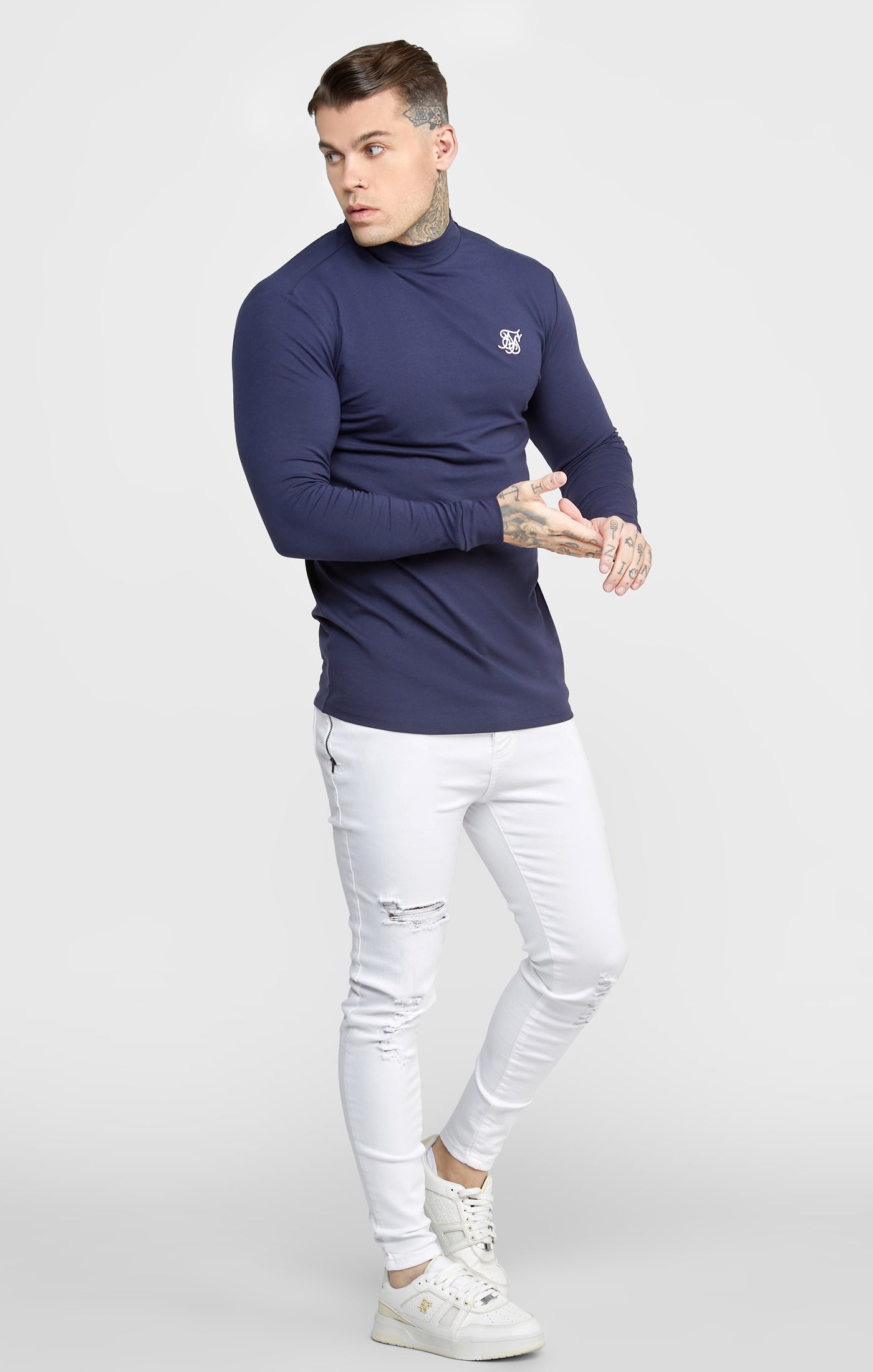 Load image into Gallery viewer, Navy Twin Pack Long Sleeve High Neck Muscle Fit T-Shirt (3)