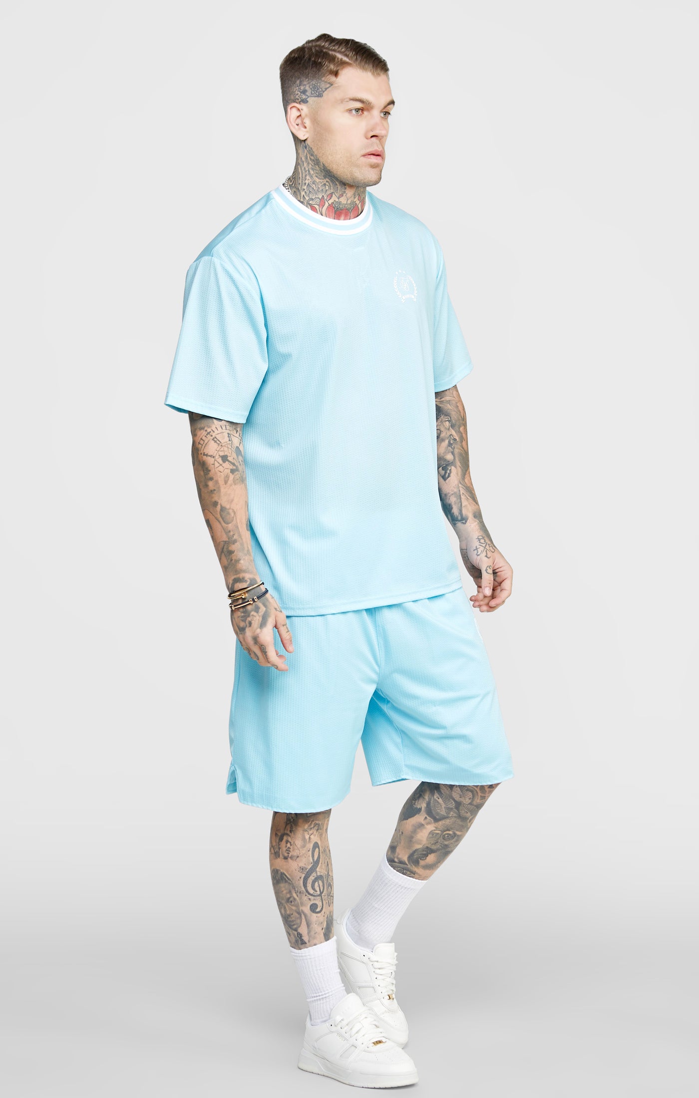 Load image into Gallery viewer, Blue Mesh Drop Shoulder Tee (2)