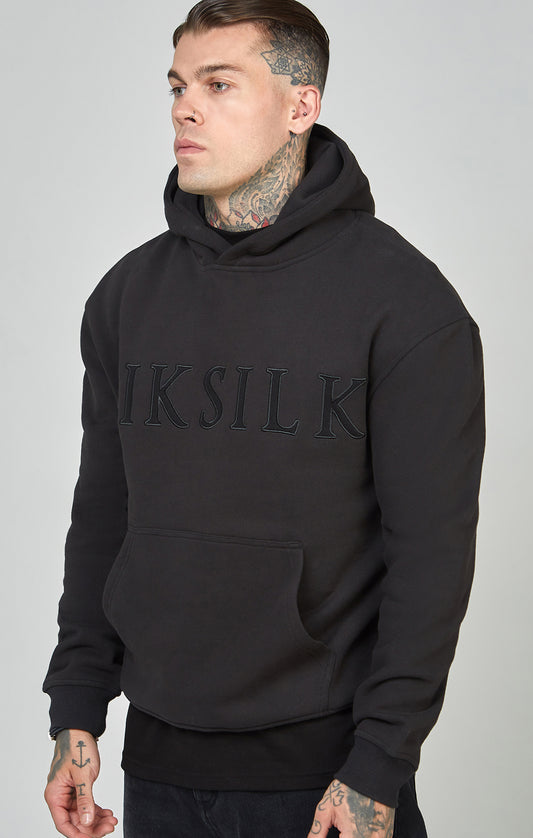 Black Applique Logo Relaxed Fit Overhead Hoodie