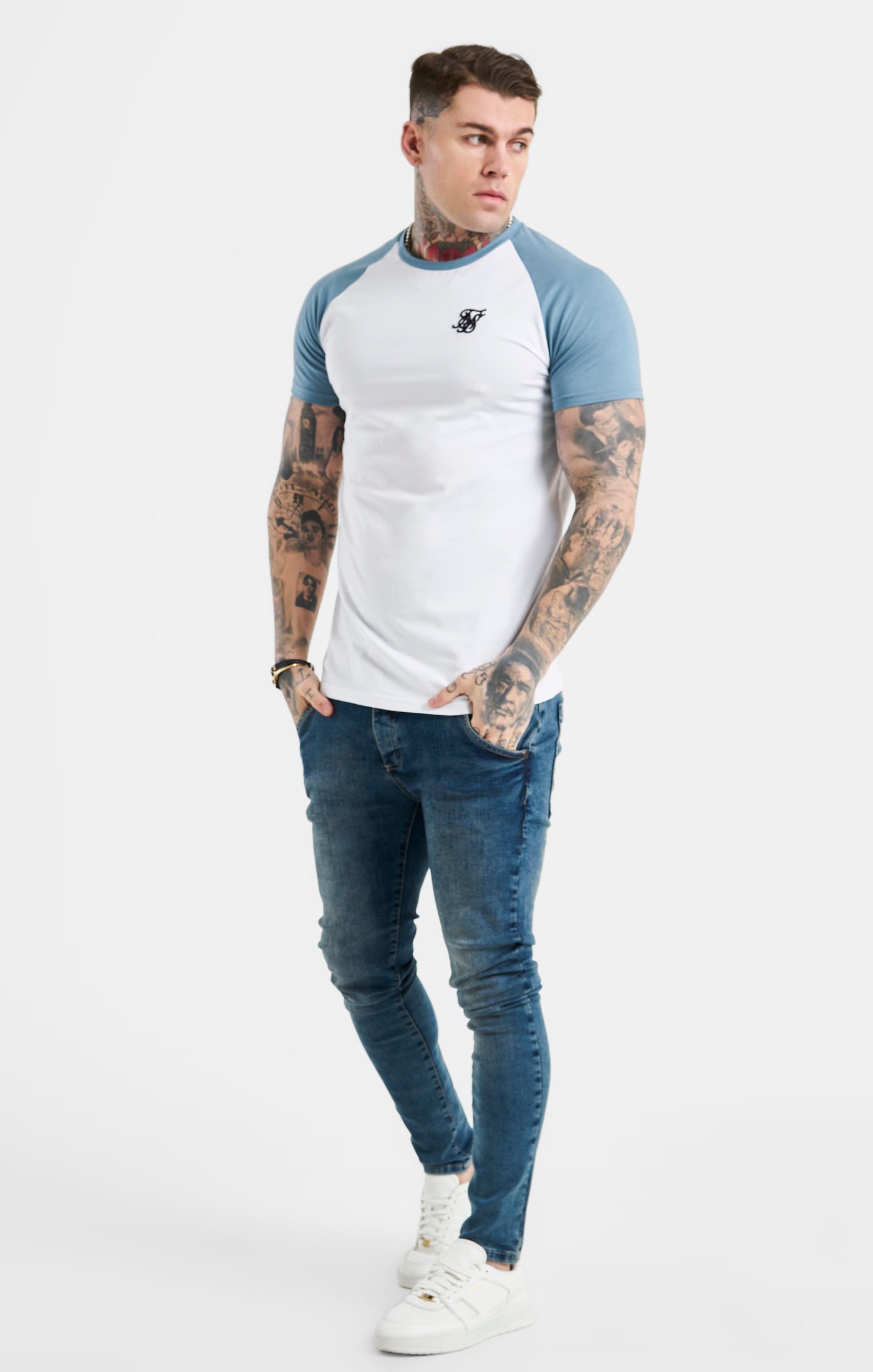 Load image into Gallery viewer, White Raglan Muscle Fit T-Shirt (3)