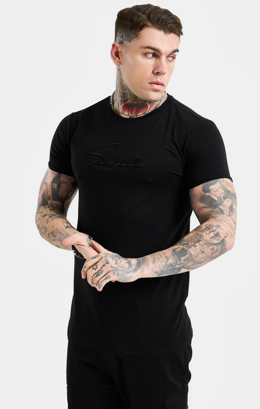 Black Script Embroidery Muscle Fit T-Shirt
