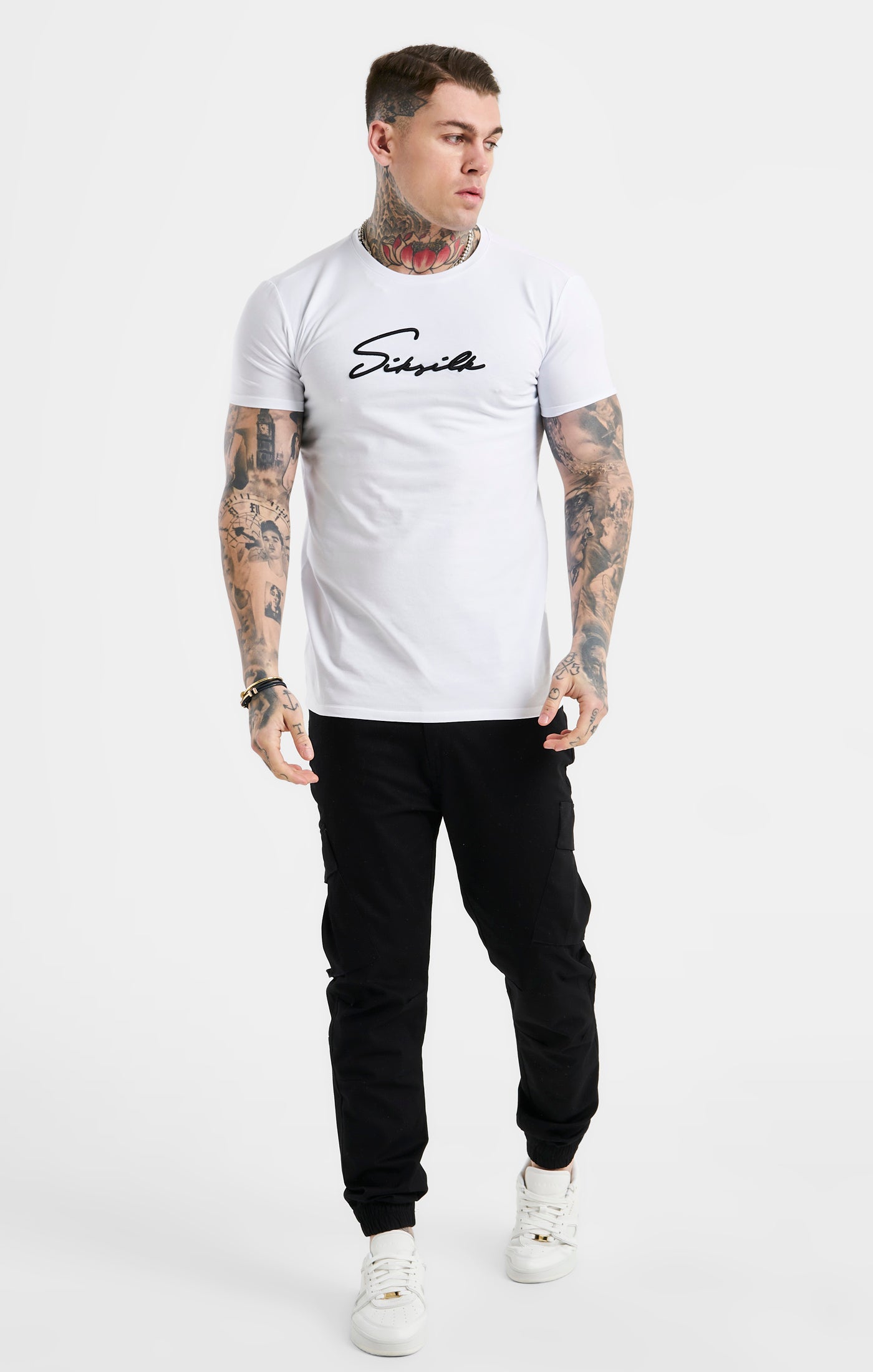 Load image into Gallery viewer, White Script Embroidery Muscle Fit T-Shirt (2)