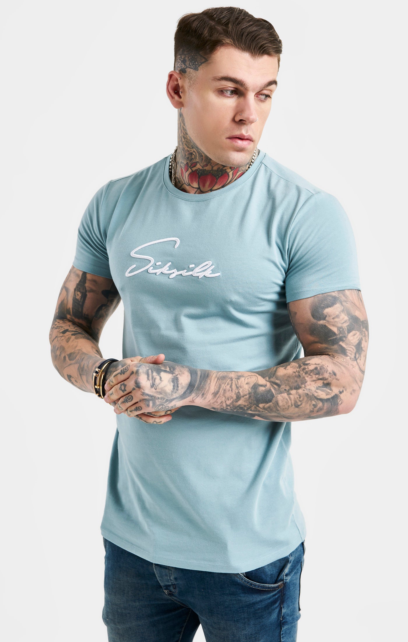 Load image into Gallery viewer, Blue Script Embroidery Muscle Fit T-Shirt