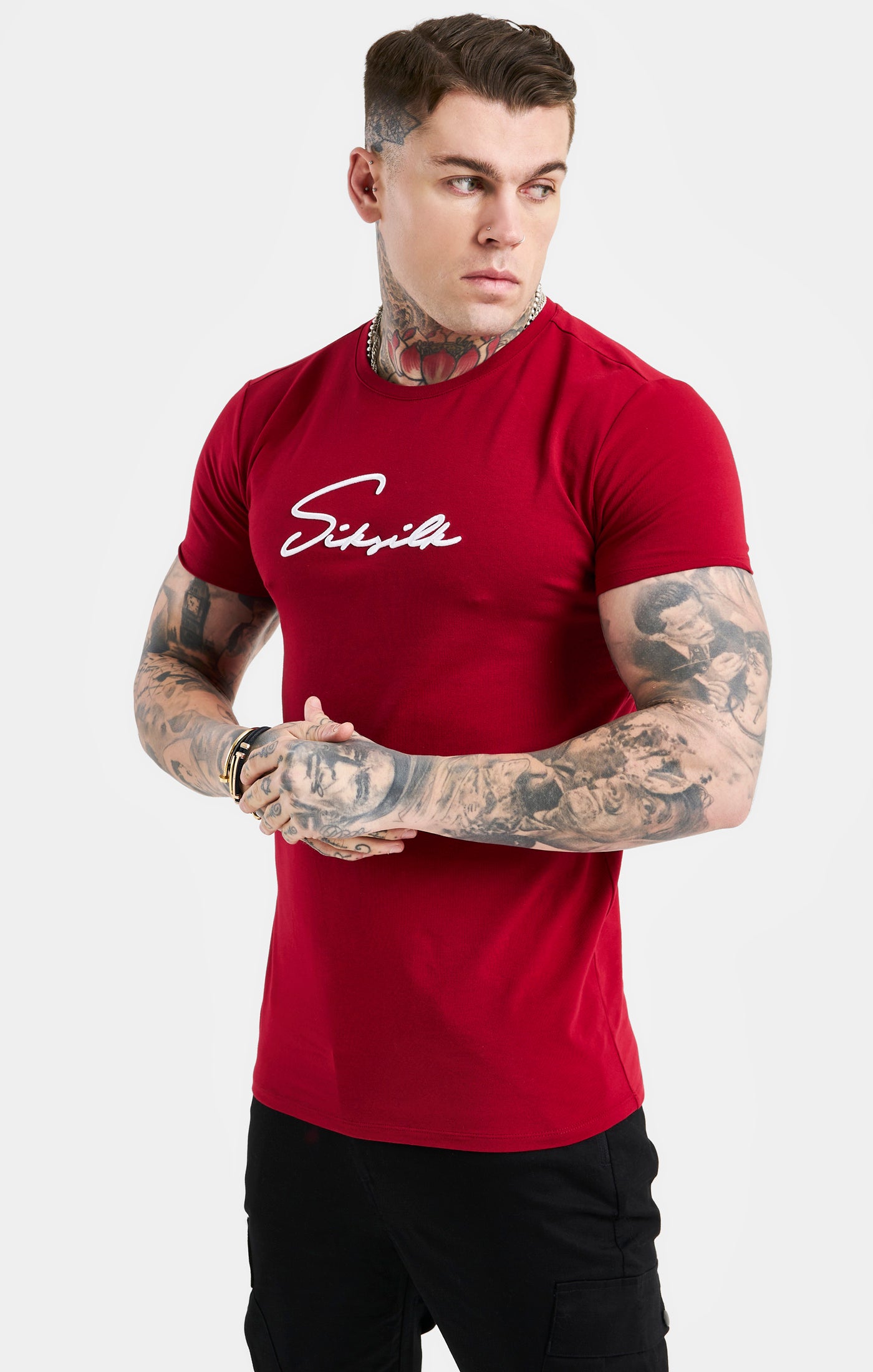 Load image into Gallery viewer, Red Script Embroidery Muscle Fit T-Shirt