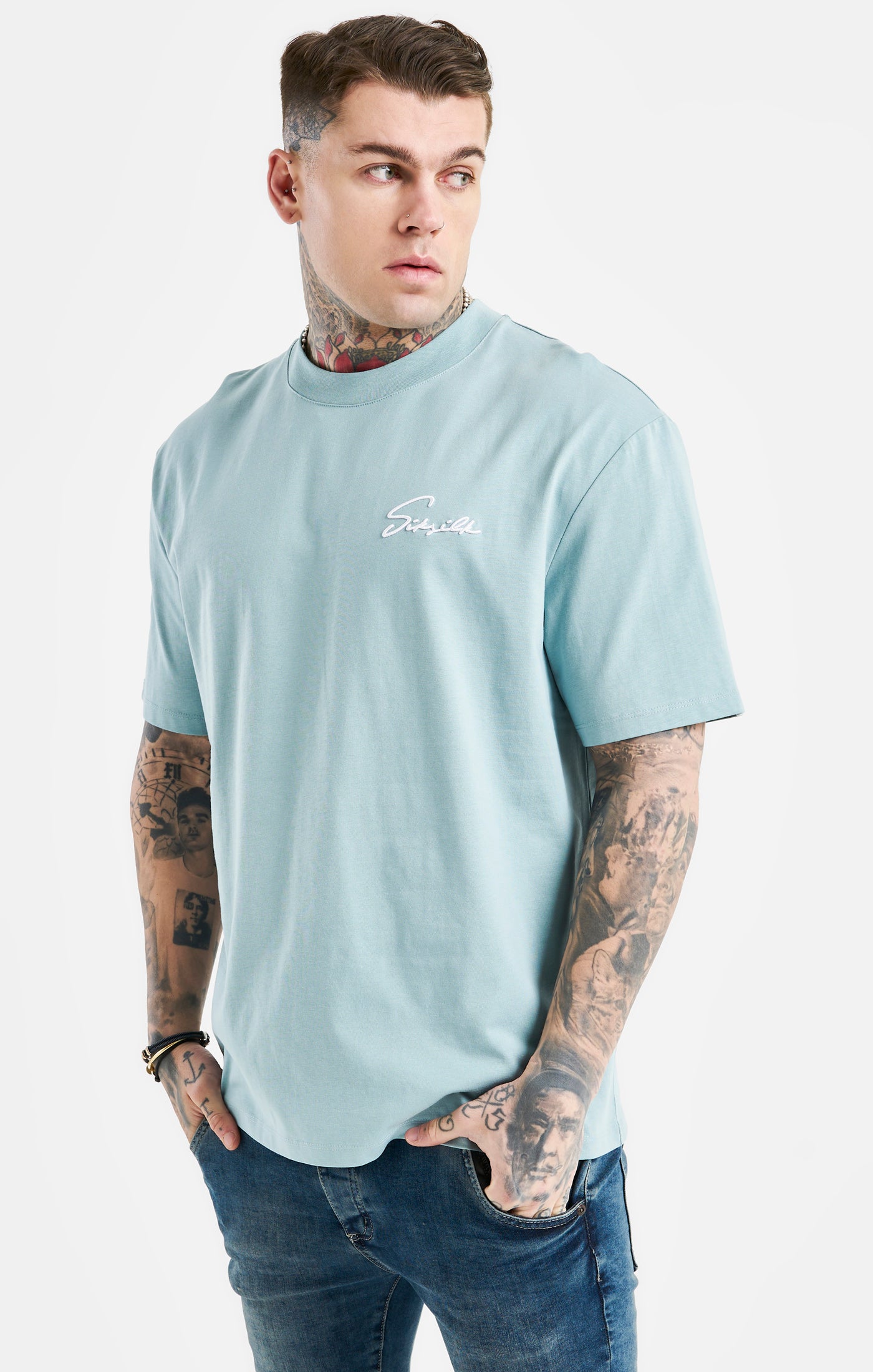 Load image into Gallery viewer, Blue Script Embroidery Oversized T-Shirt (1)