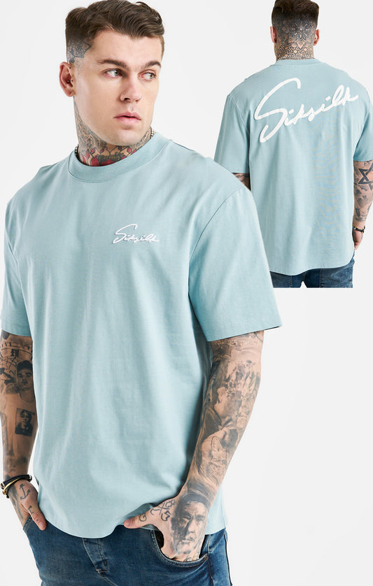 Blue Script Embroidery Oversized T-Shirt