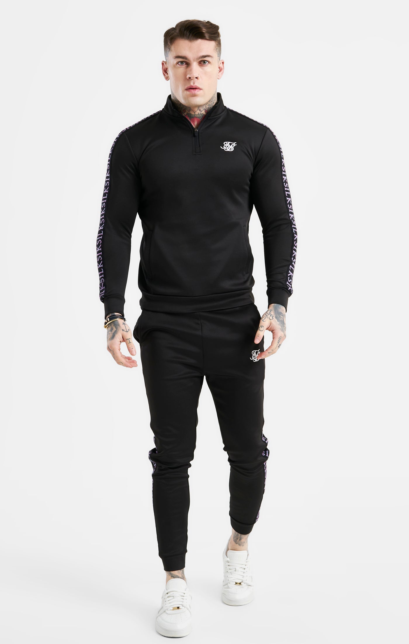 Load image into Gallery viewer, Black Taped Funnel Neck Quarter Zip Track Top (2)