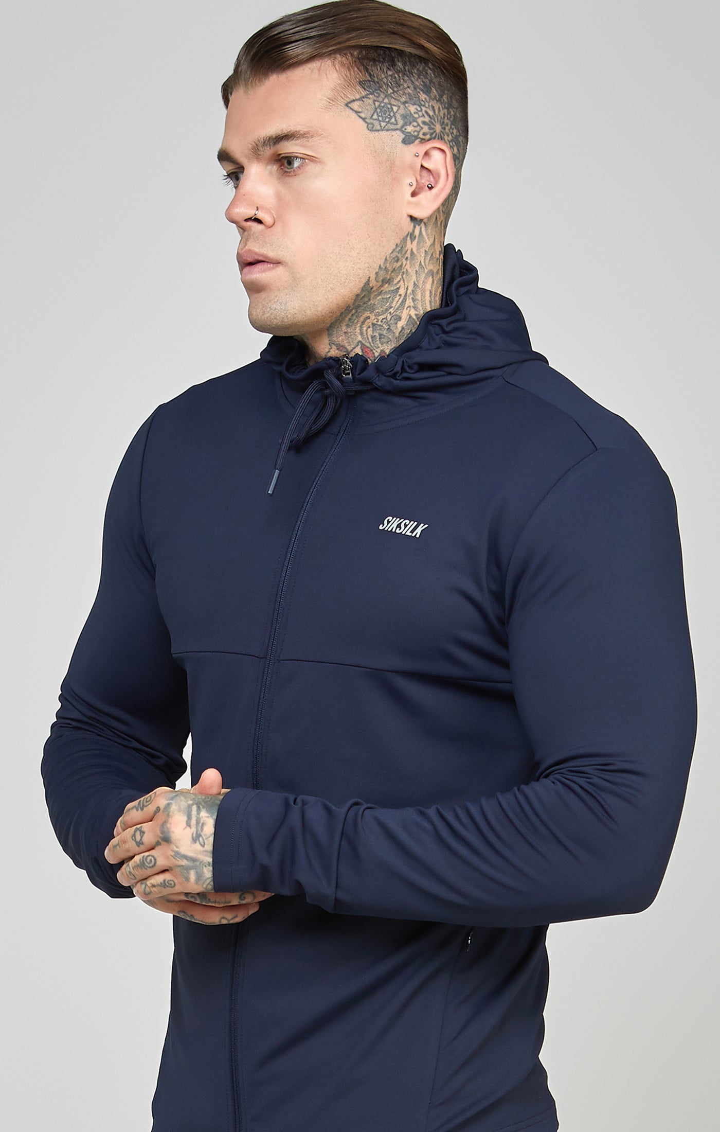 Load image into Gallery viewer, Navy Sports Zip Through Muscle Fit Hoodie