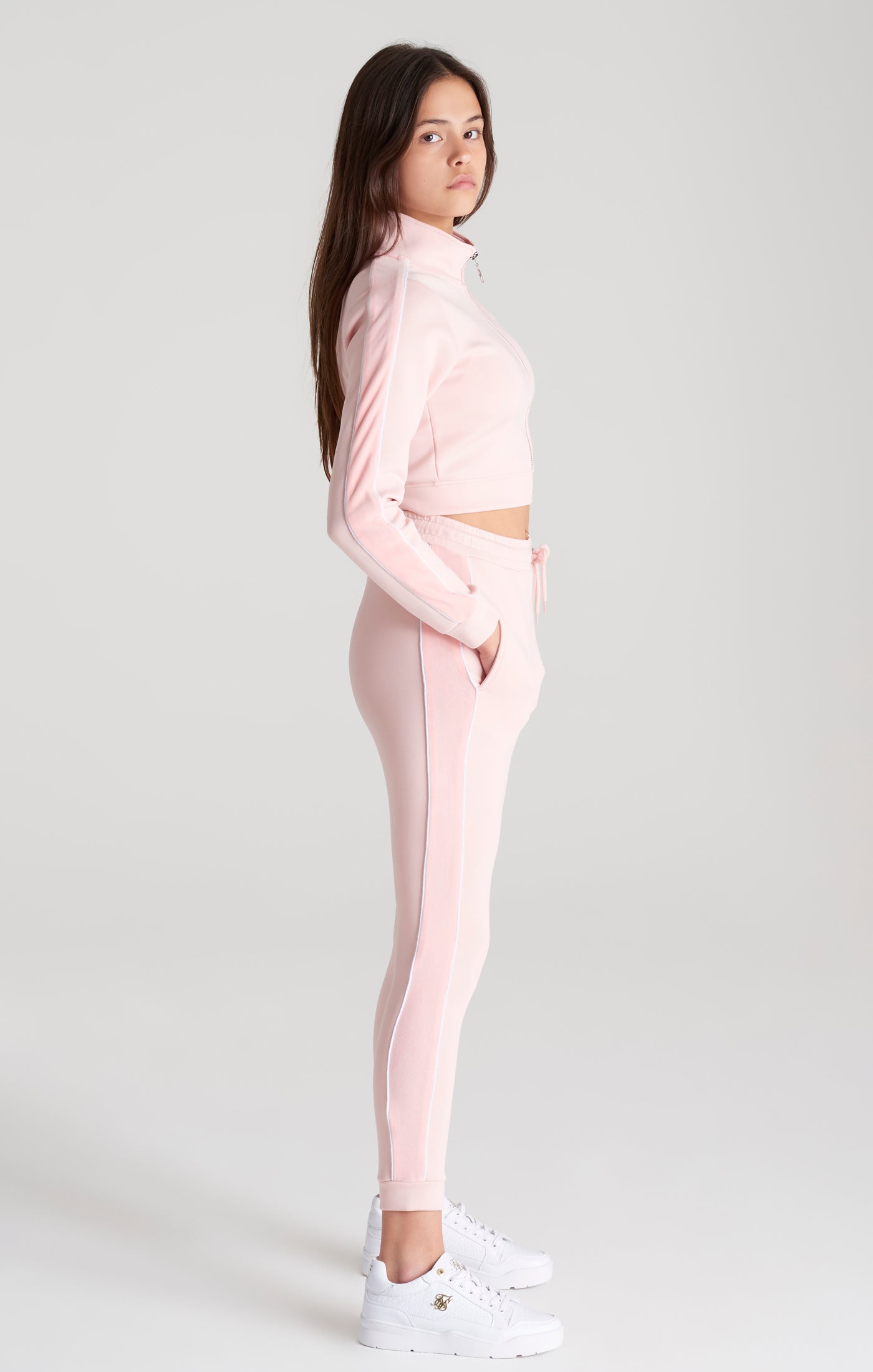 Load image into Gallery viewer, Girls Pink Velour Taped Track Jacket (3)
