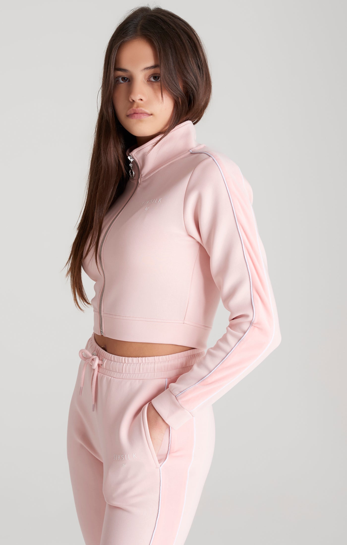 Load image into Gallery viewer, Girls Pink Velour Taped Track Jacket (5)