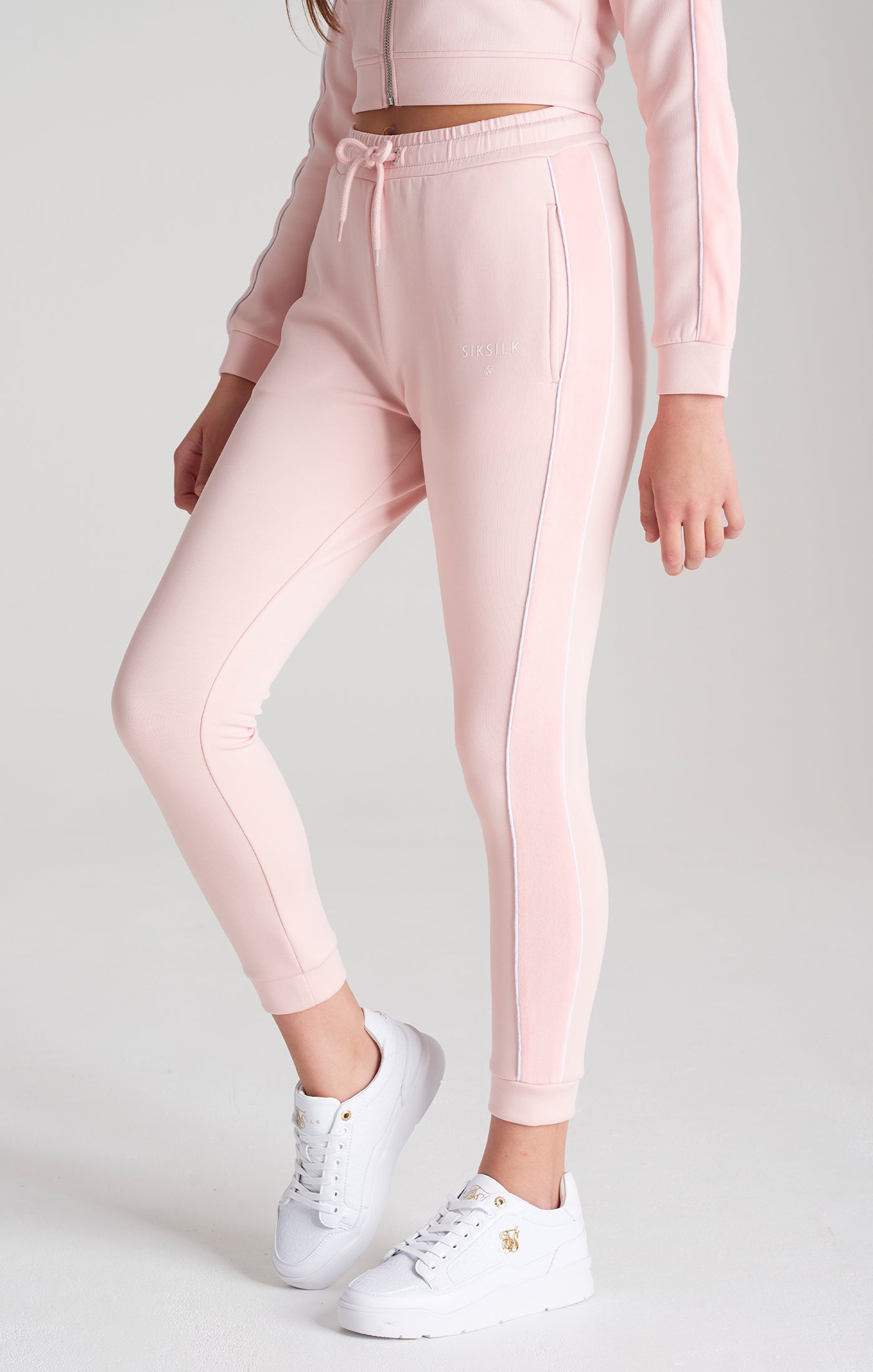 Load image into Gallery viewer, Girls Pink Velour Taped Track Pant