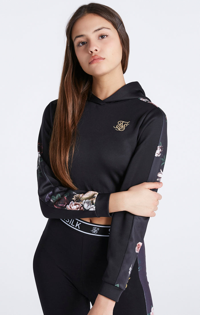 Load image into Gallery viewer, Girls Black Floral Panel Cropped Hoodie (1)