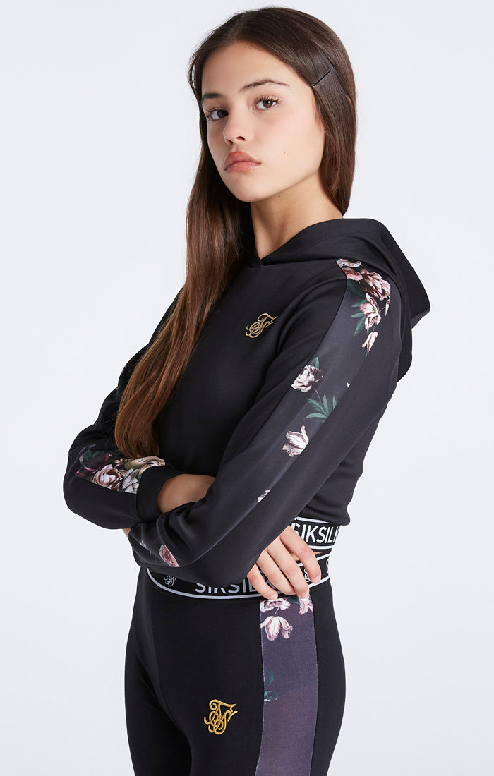 Load image into Gallery viewer, Girls Black Floral Panel Cropped Hoodie