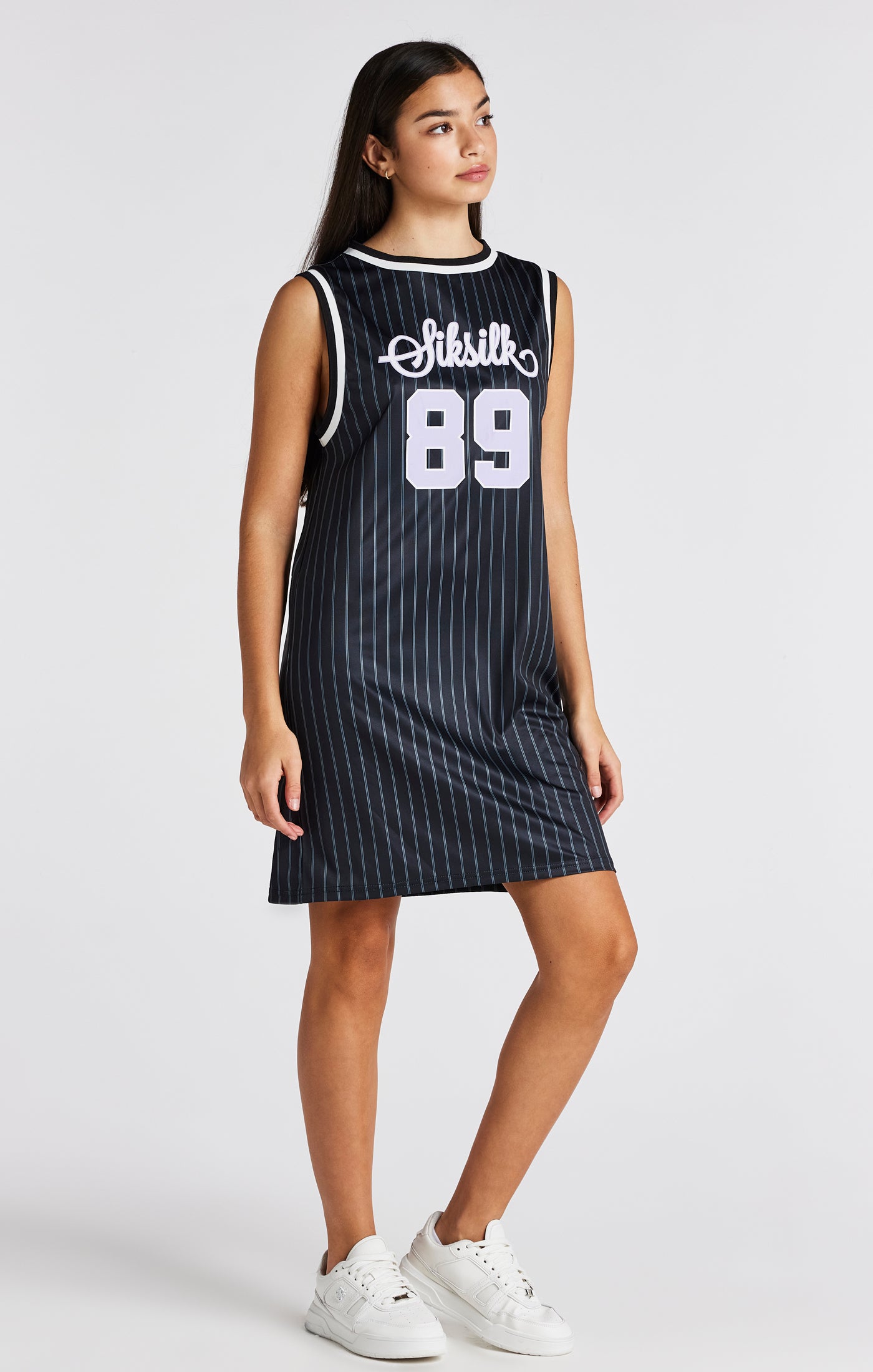 Load image into Gallery viewer, Girls Black Pinstripe Basketball Dress (3)