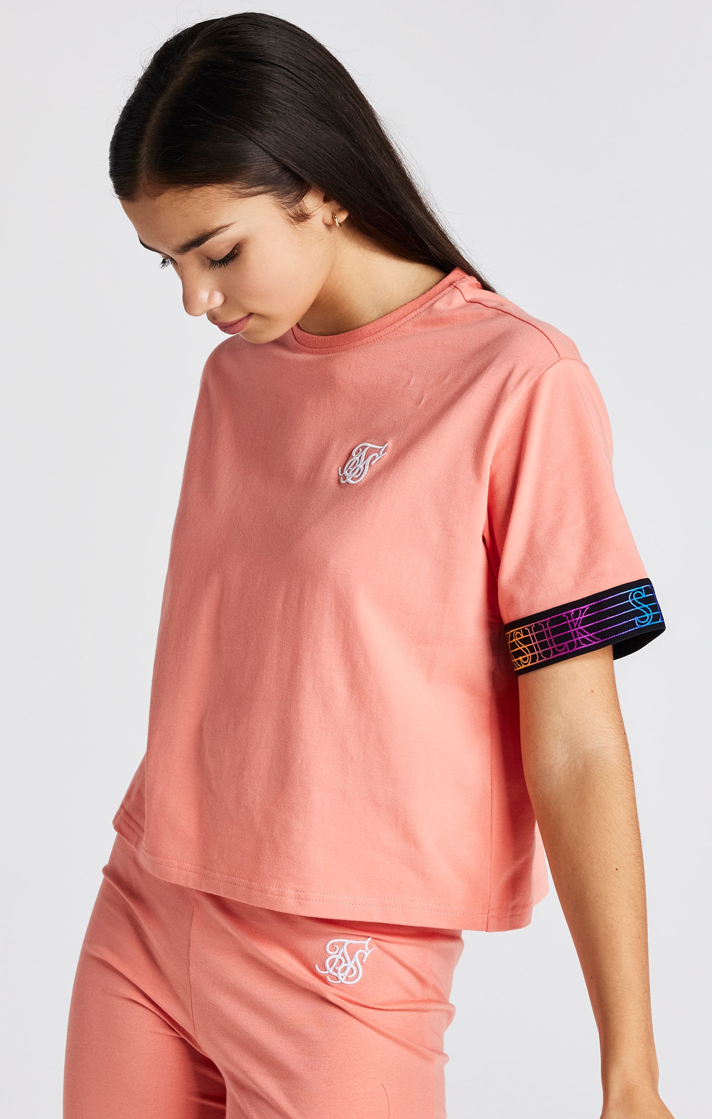 Load image into Gallery viewer, Girls Coral Taped Crop T-Shirt