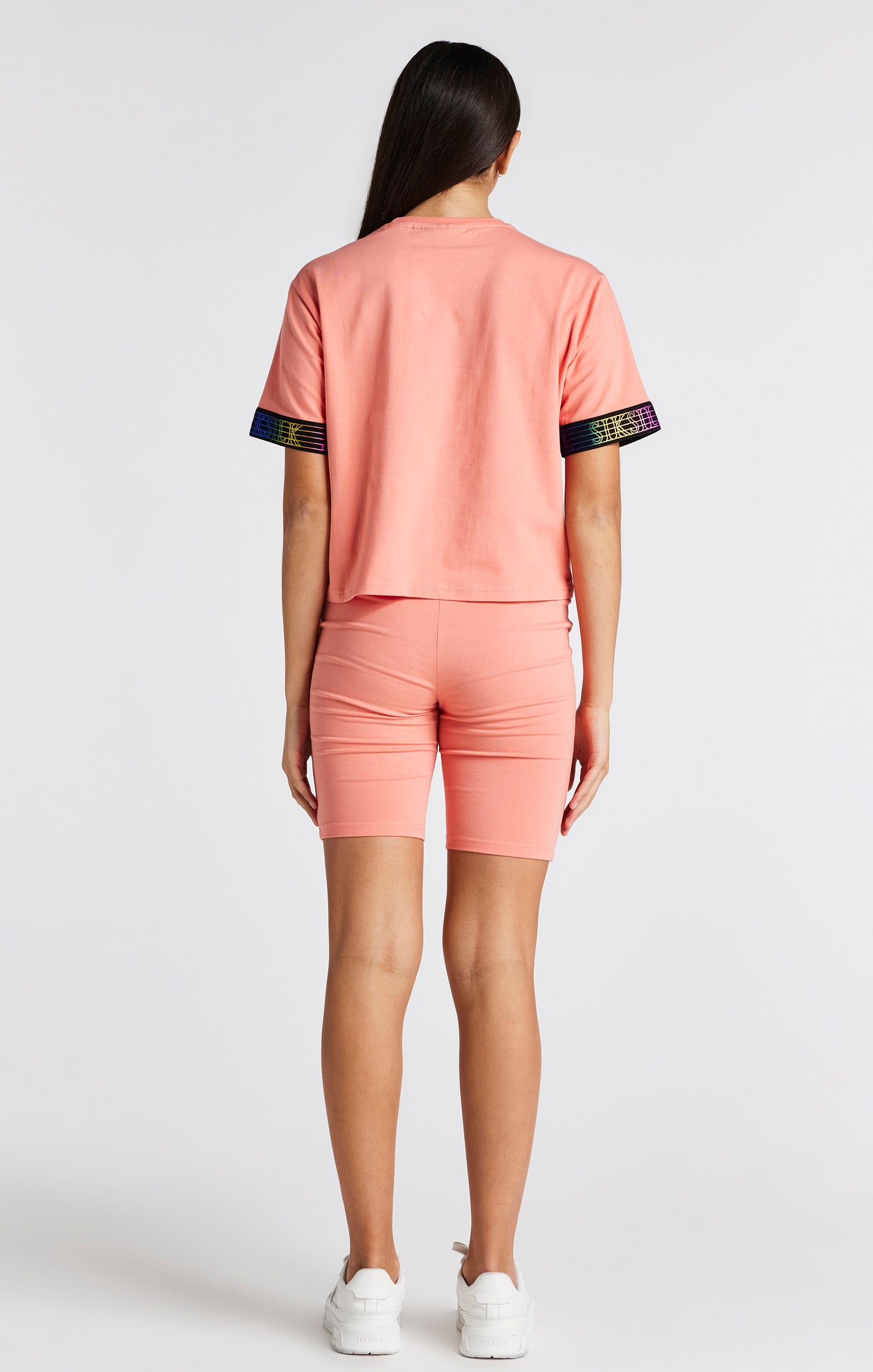 Load image into Gallery viewer, Girls Coral Taped Crop T-Shirt (4)