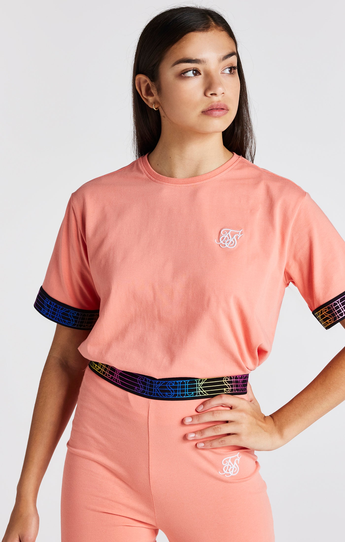 Load image into Gallery viewer, Girls Coral Taped Crop T-Shirt (5)