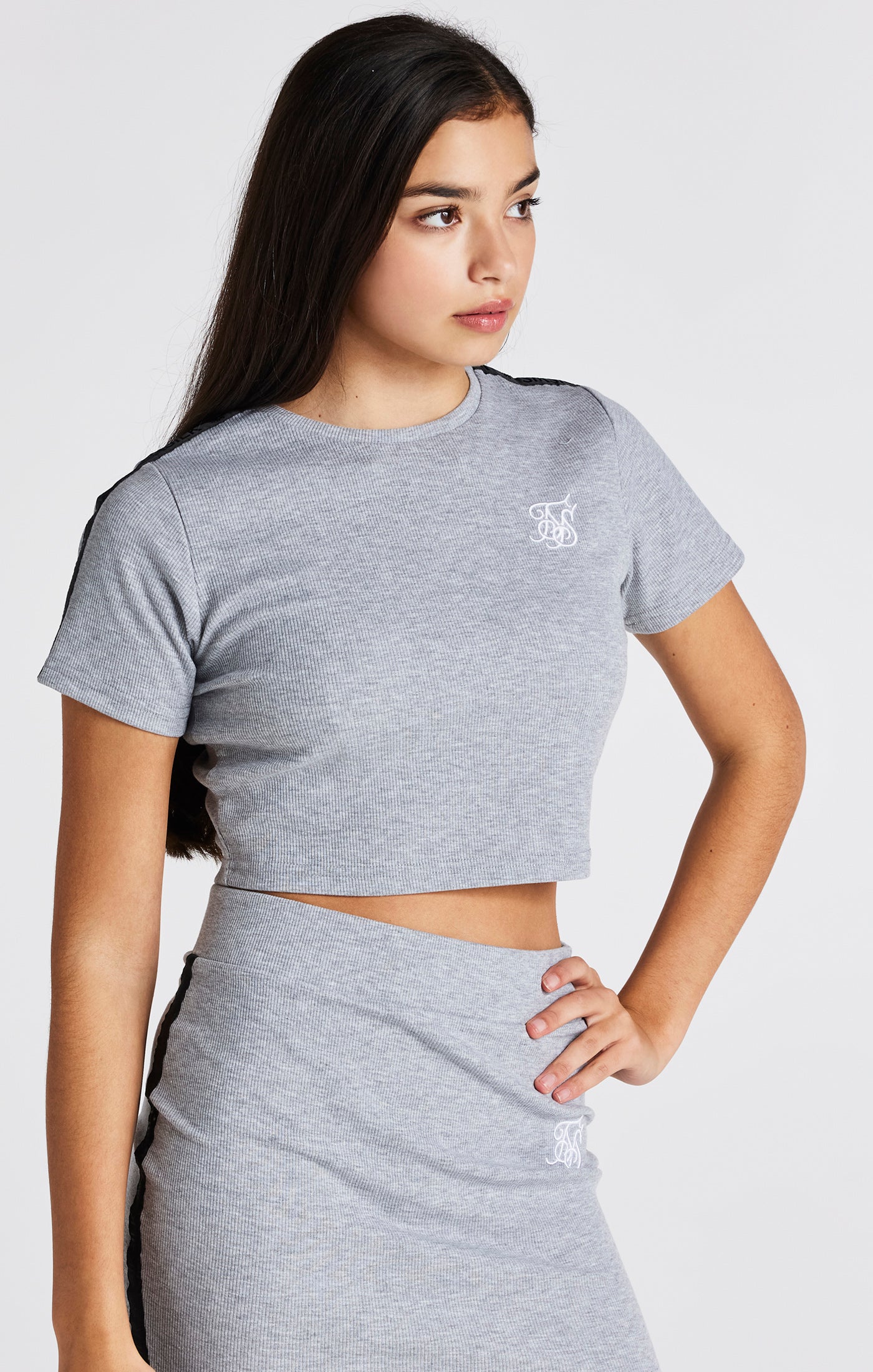 Load image into Gallery viewer, Girls Grey Marl Ribbed Crop T-Shirt