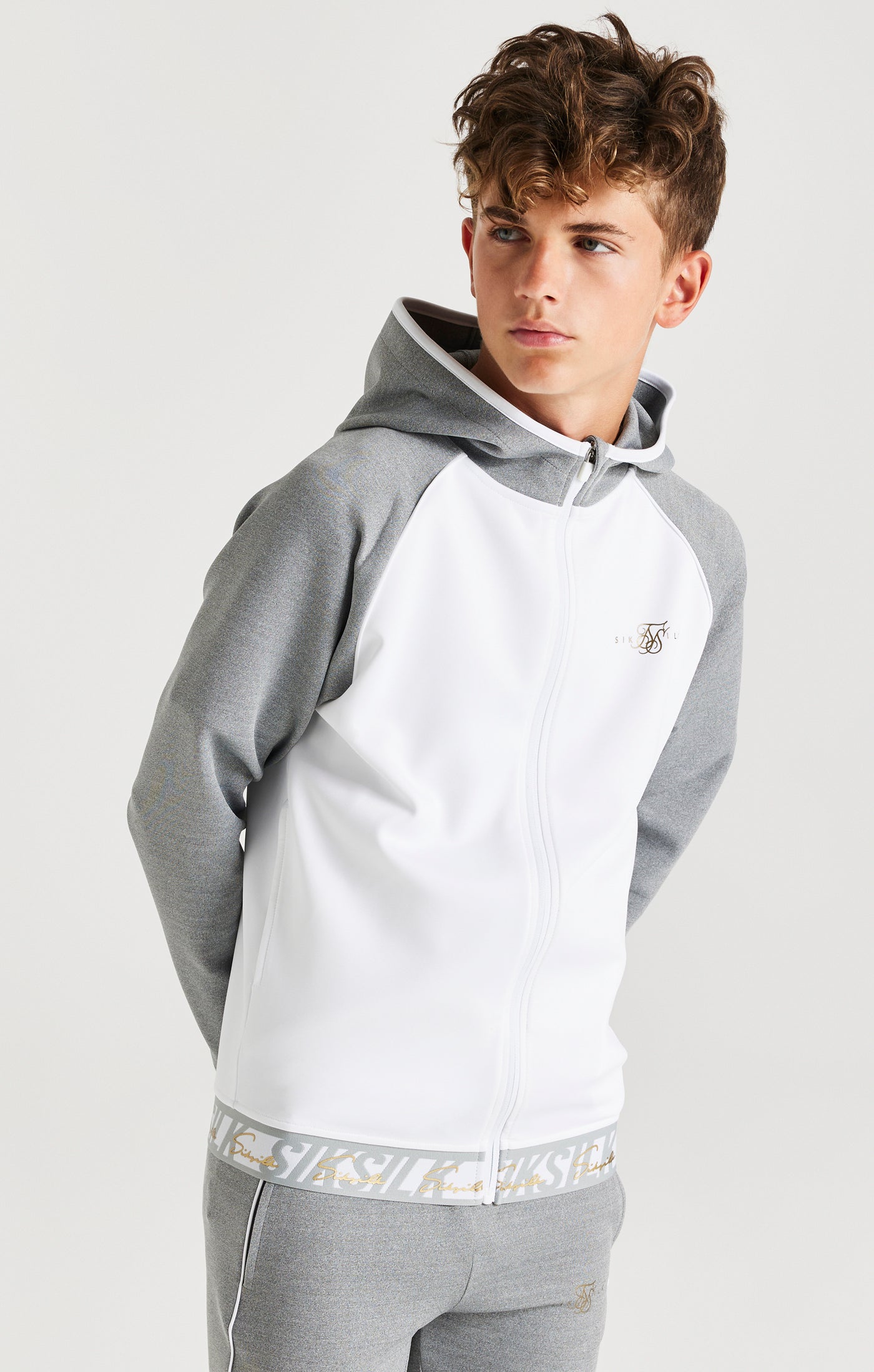 Load image into Gallery viewer, SikSilk Scope Signature Tape Zip Through Hoodie - Grey Marl &amp; White
