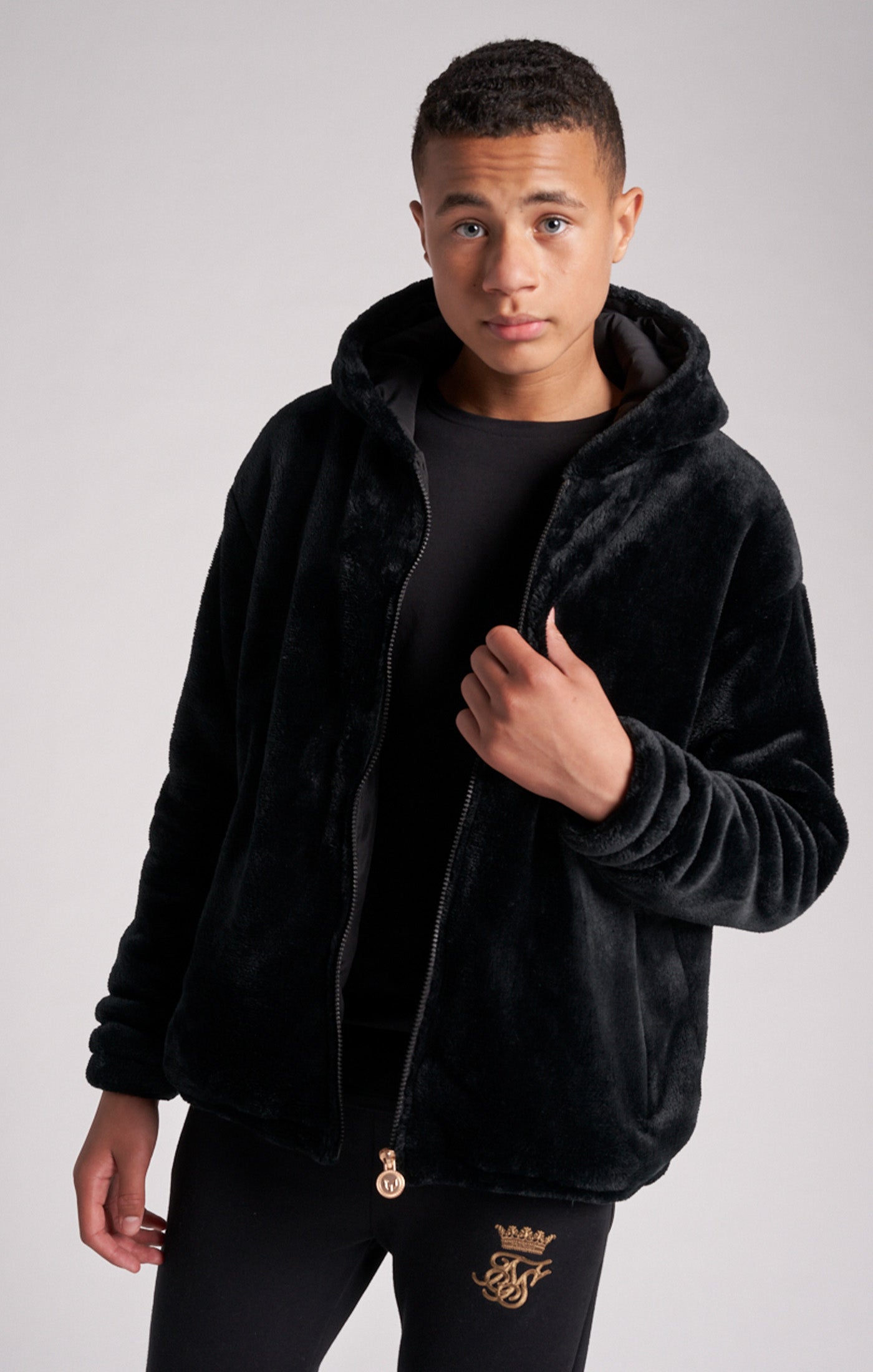 Load image into Gallery viewer, Boys Messi x SikSilk Black Faux Fur Jacket