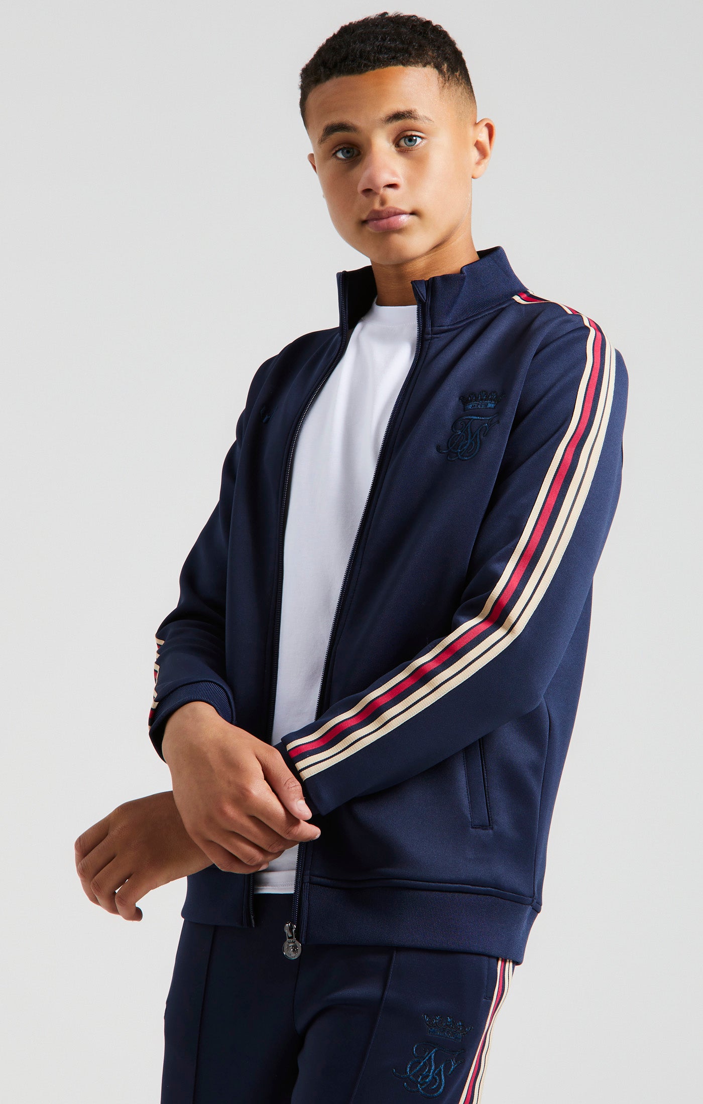Load image into Gallery viewer, Boys Messi x SikSilk Navy Taped Zip Thru Funnel Neck (2)