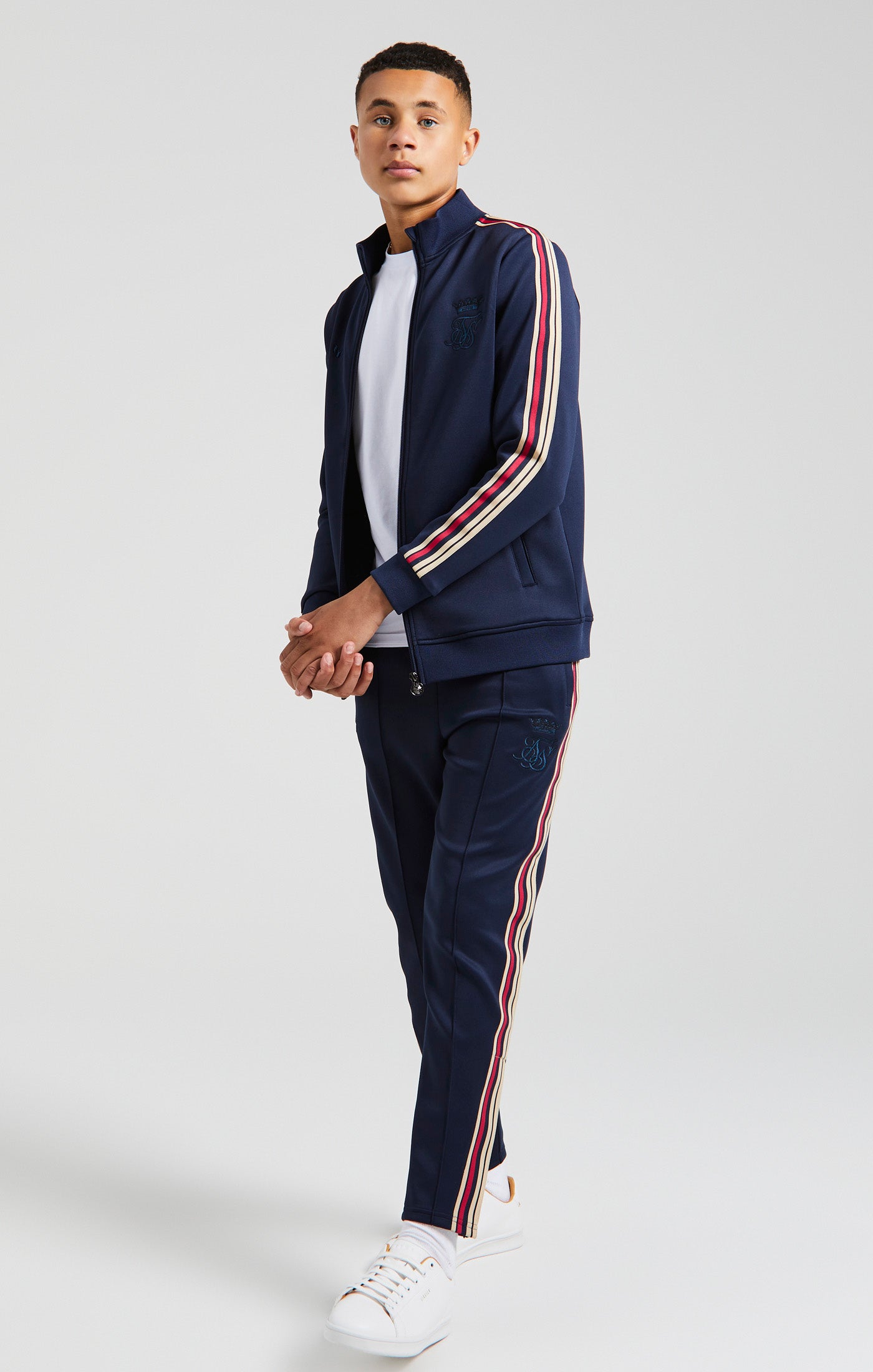 Load image into Gallery viewer, Boys Messi x SikSilk Navy Taped Zip Thru Funnel Neck