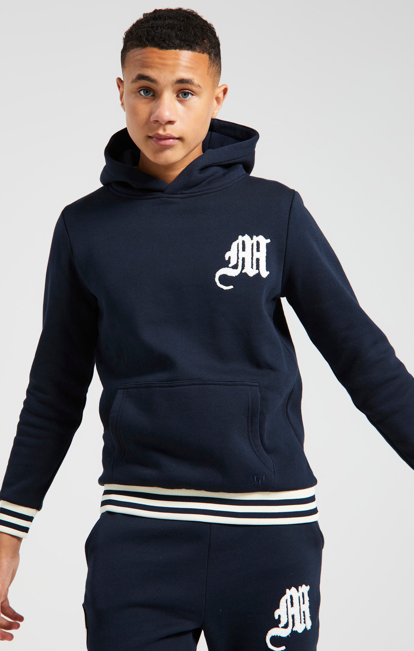 Load image into Gallery viewer, Boys Messi x SikSilk Navy Striped Rib Overhead Hoodie (1)