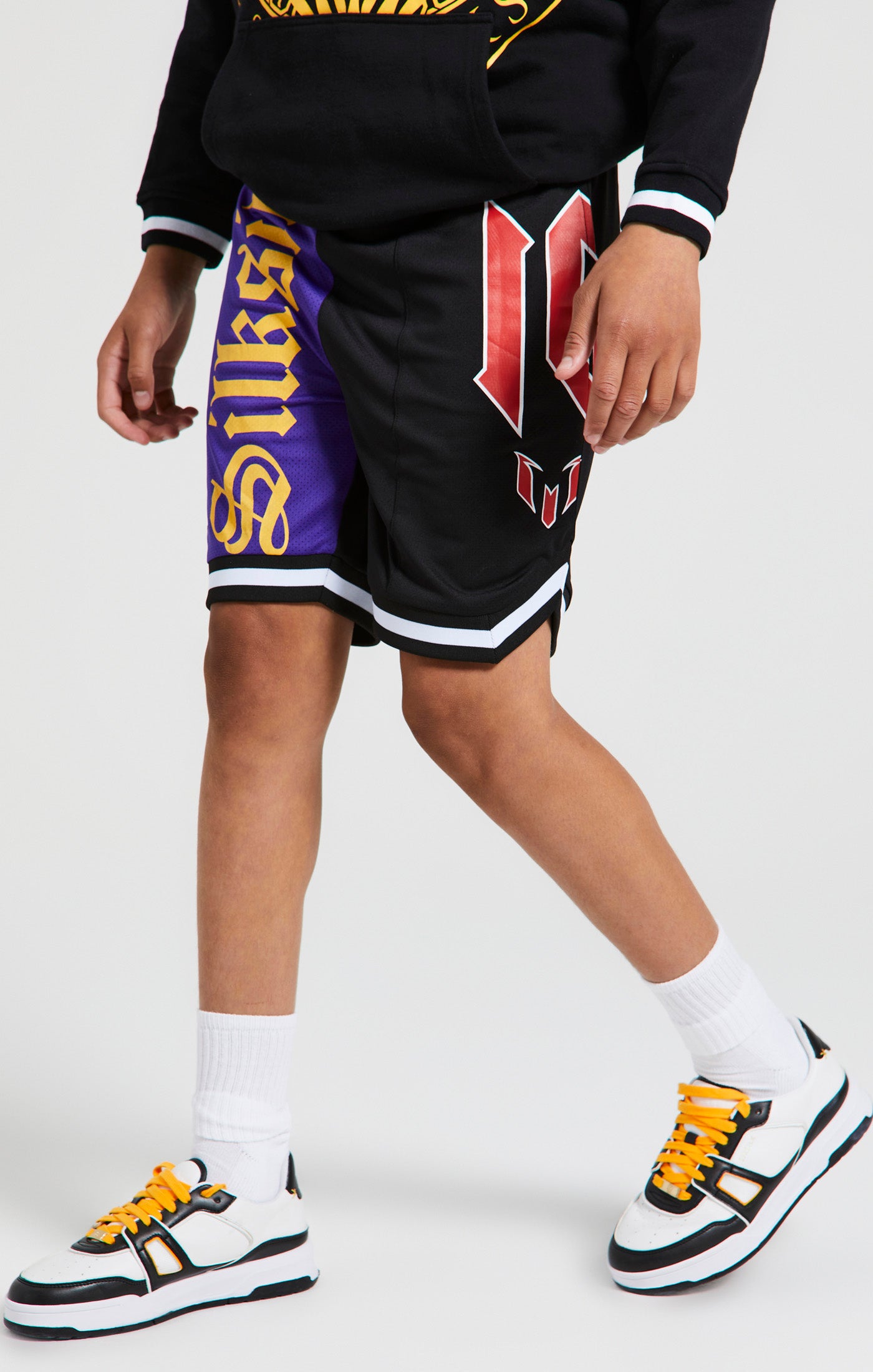 Load image into Gallery viewer, Messi x SikSilk Retro Varsity Basketball Shorts - Black &amp; Purple