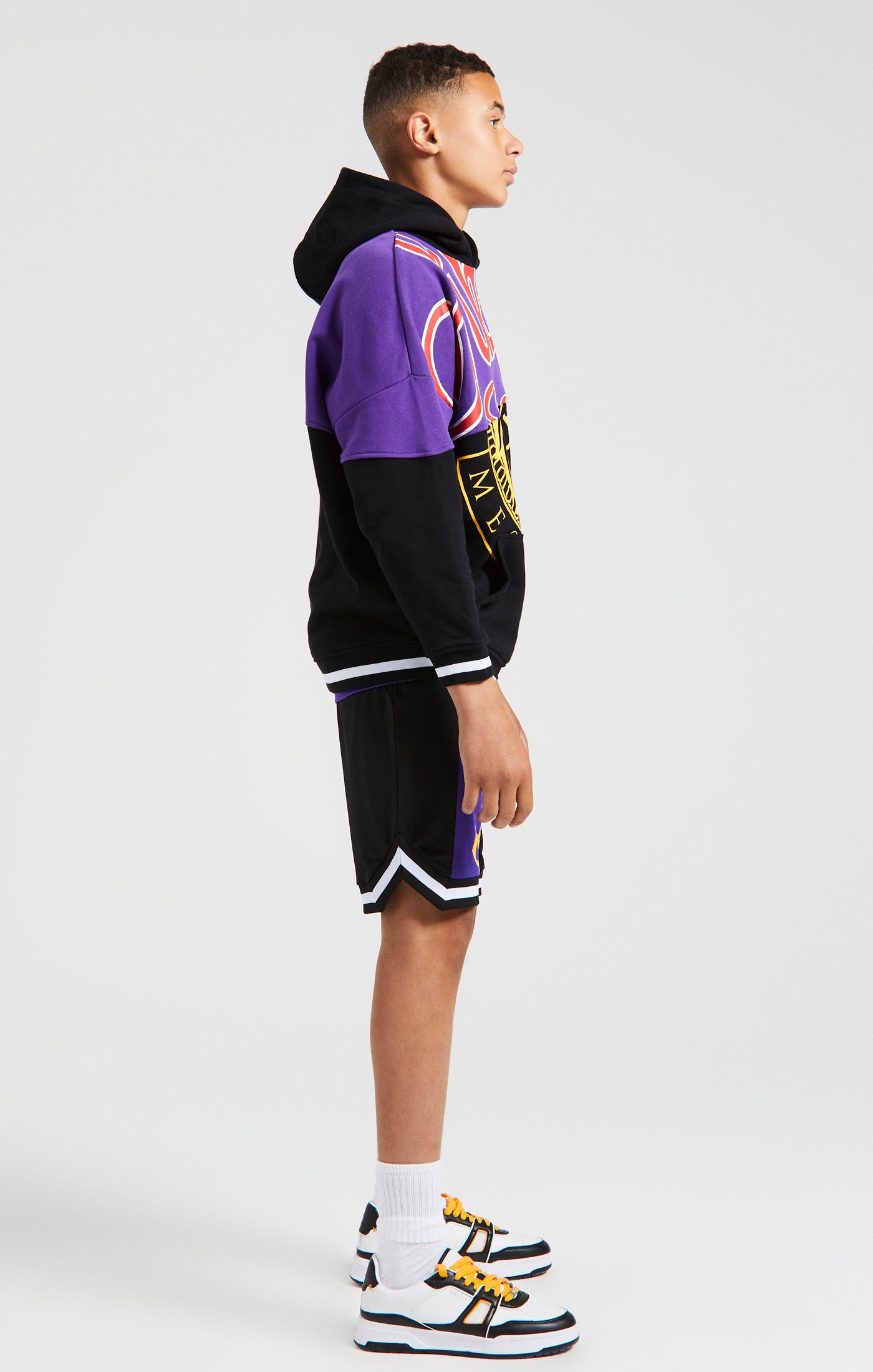 Load image into Gallery viewer, Messi x SikSilk Retro Varsity Basketball Shorts - Black &amp; Purple (4)