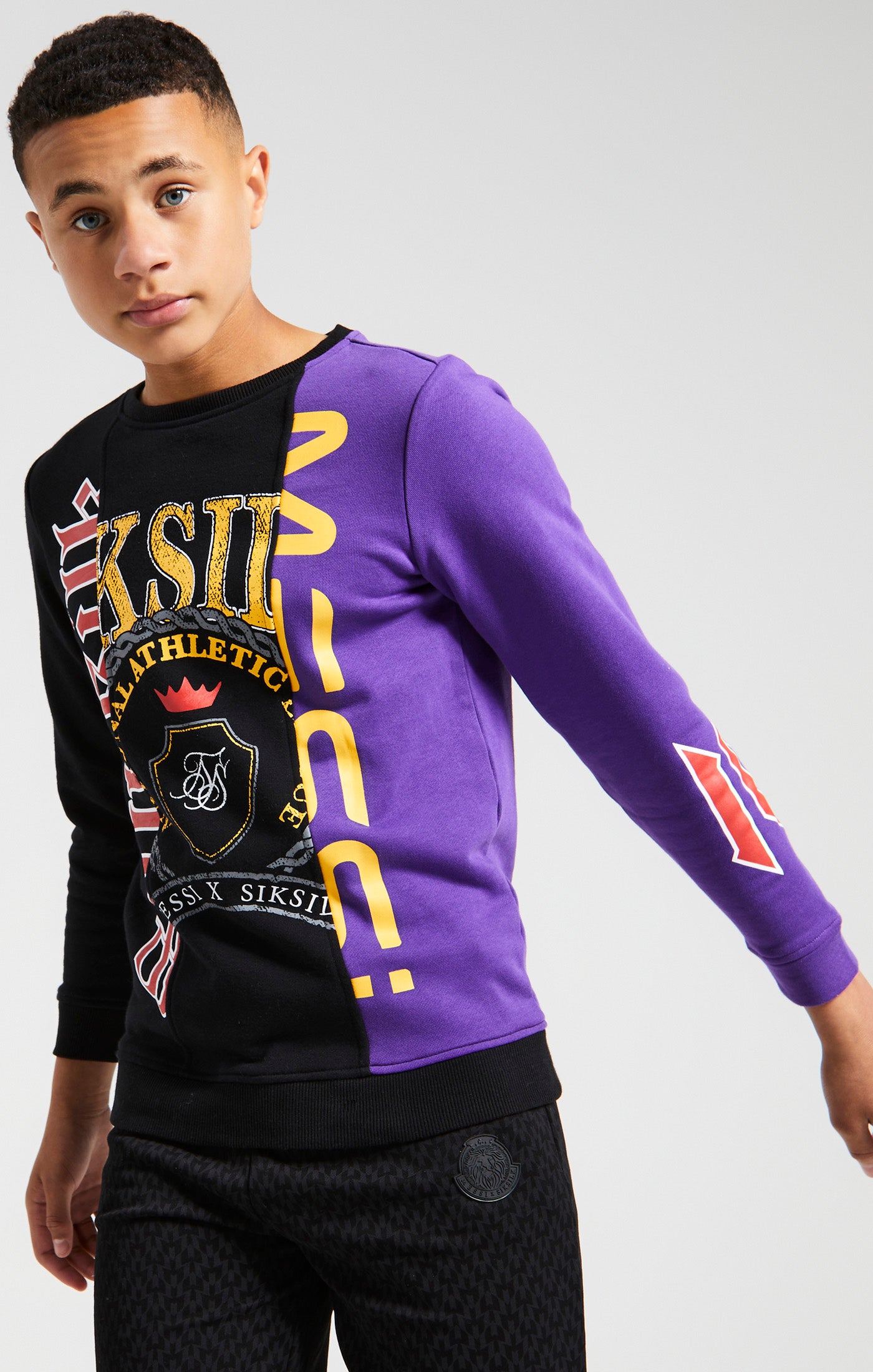 Load image into Gallery viewer, Messi x SikSilk Retro Varsity Crew Sweater - Black &amp; Purple