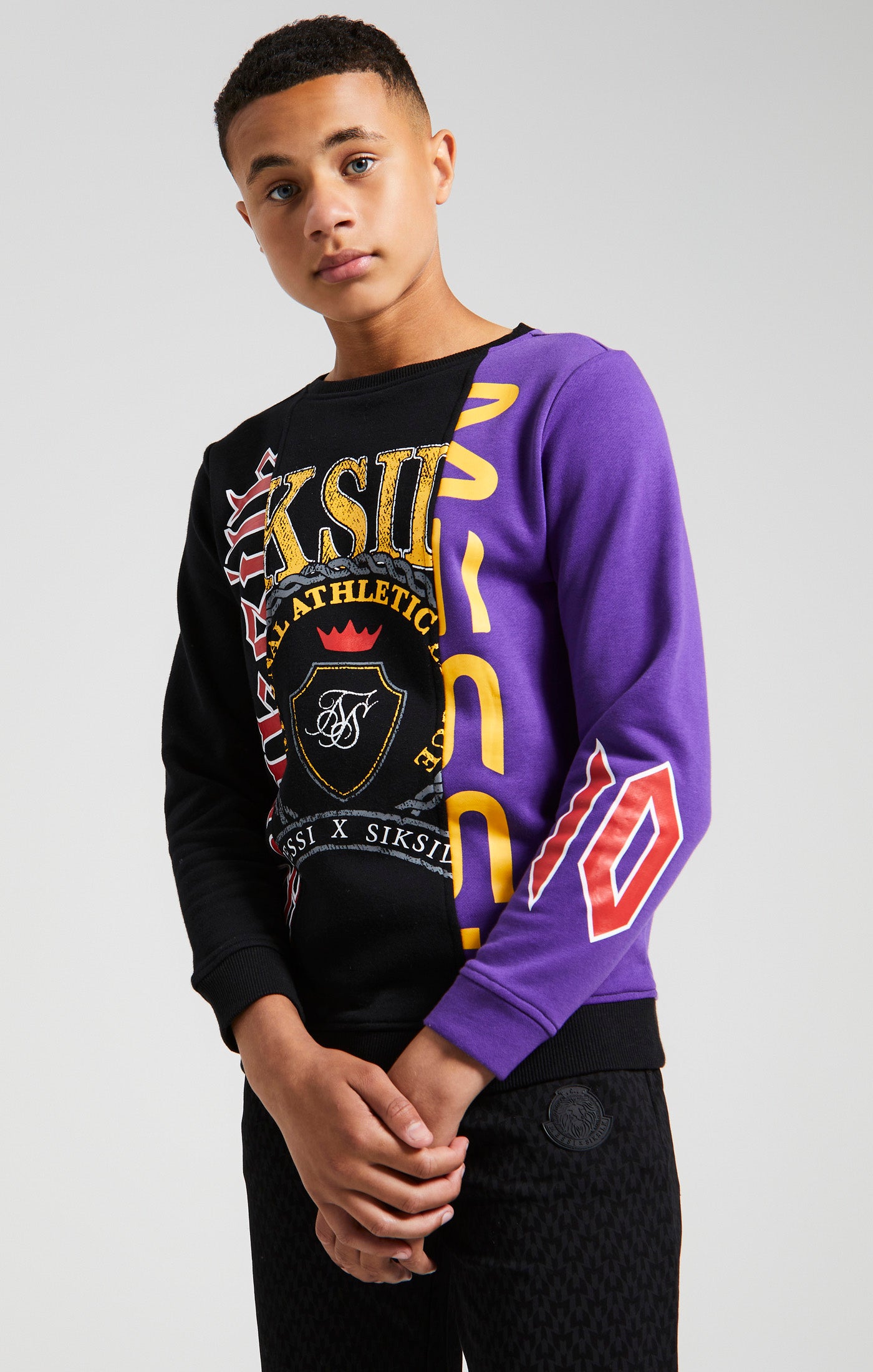 Load image into Gallery viewer, Messi x SikSilk Retro Varsity Crew Sweater - Black &amp; Purple (1)