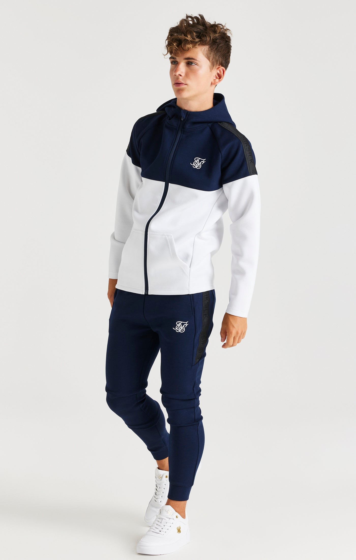 Load image into Gallery viewer, Boys Navy Poly Cut And Sew Tracksuit