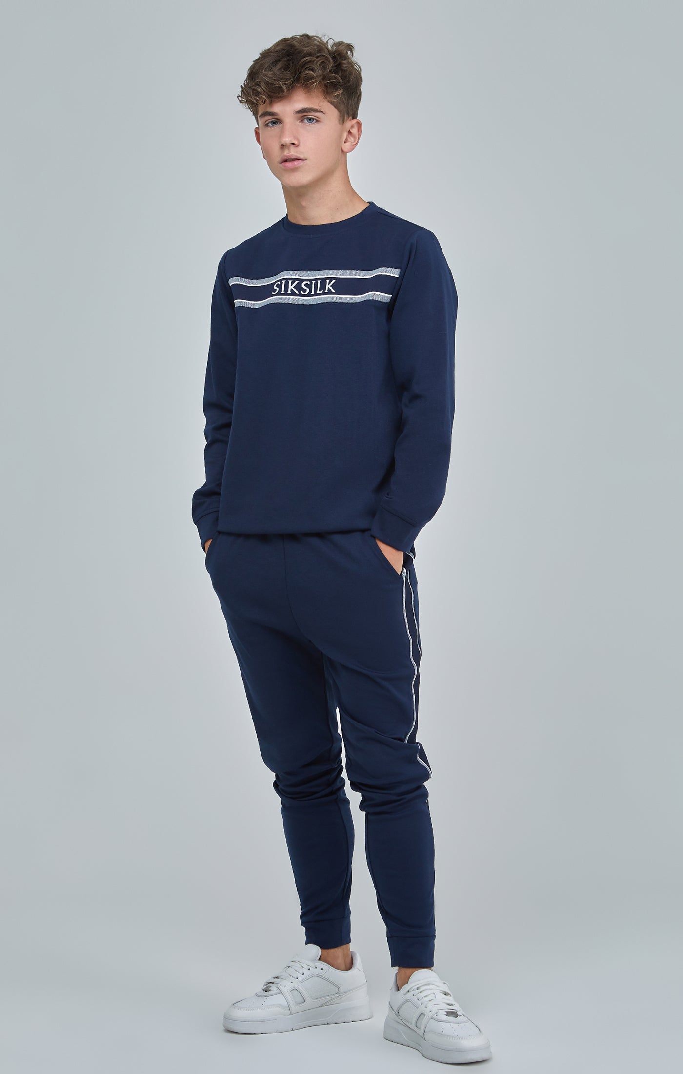 Load image into Gallery viewer, Boys Navy Panel Detail Skinny Joggers (1)