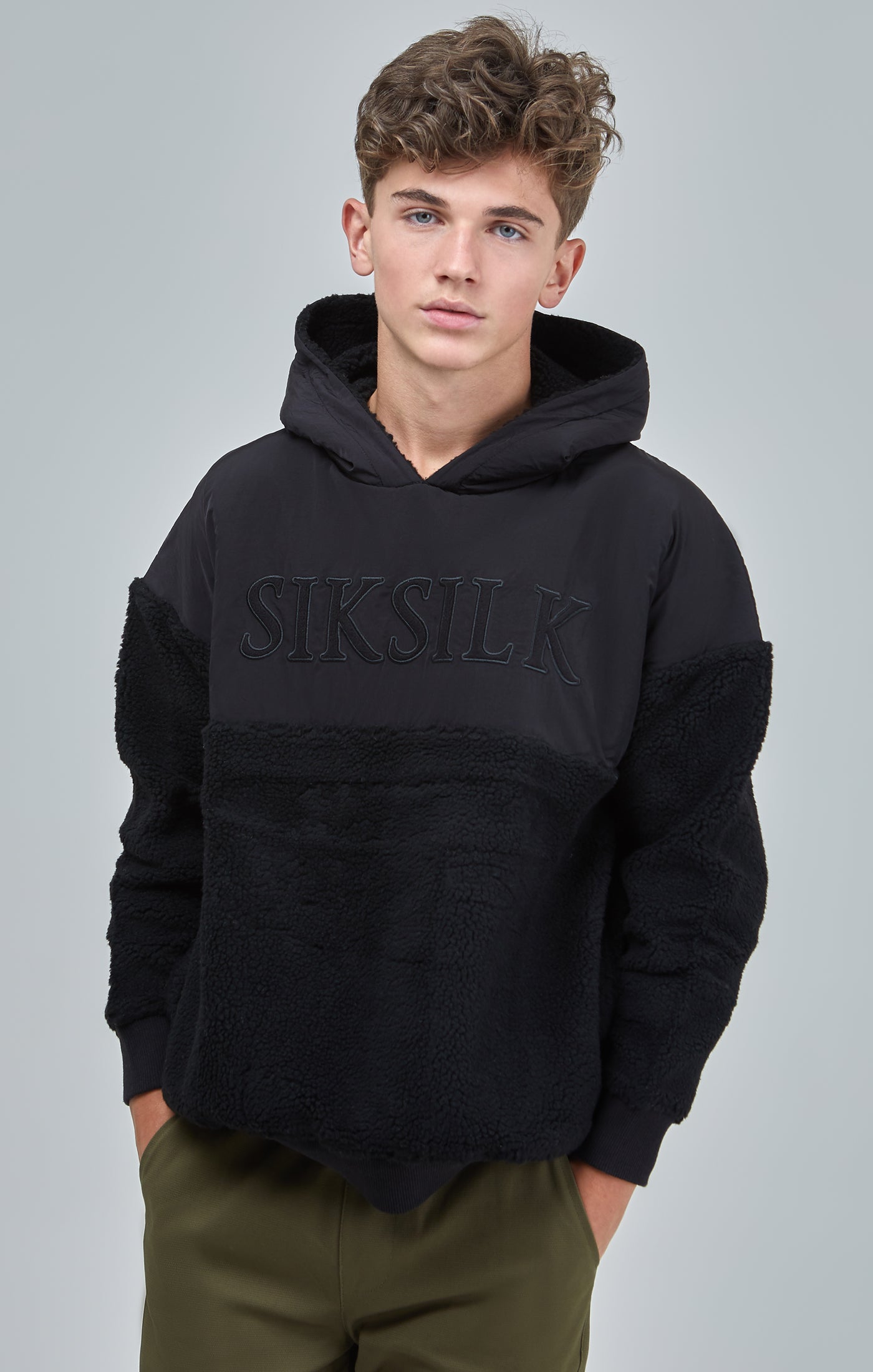 Load image into Gallery viewer, Boys Black Sherpa Nylon Mix Hoodie